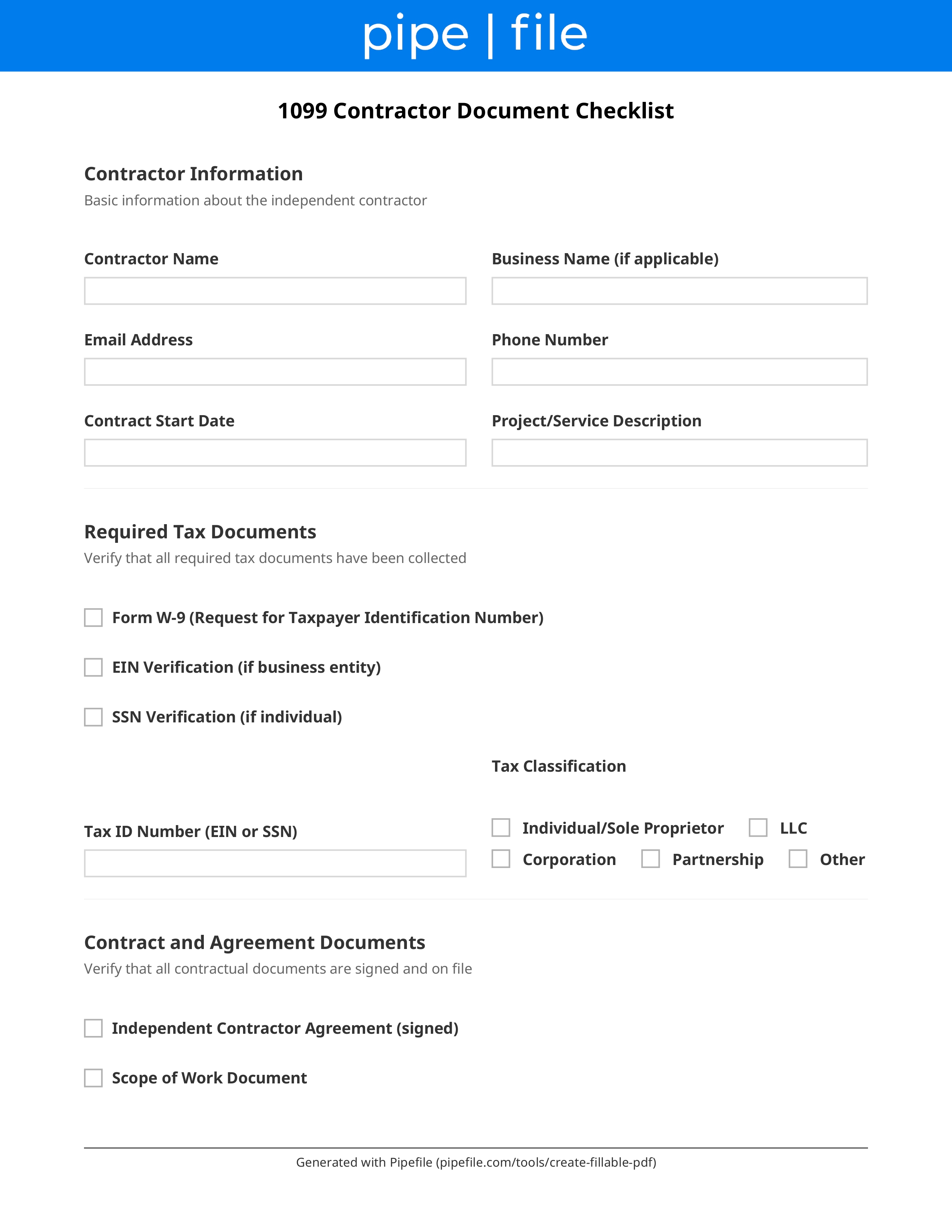 1099 Contractor Document Checklist form template preview