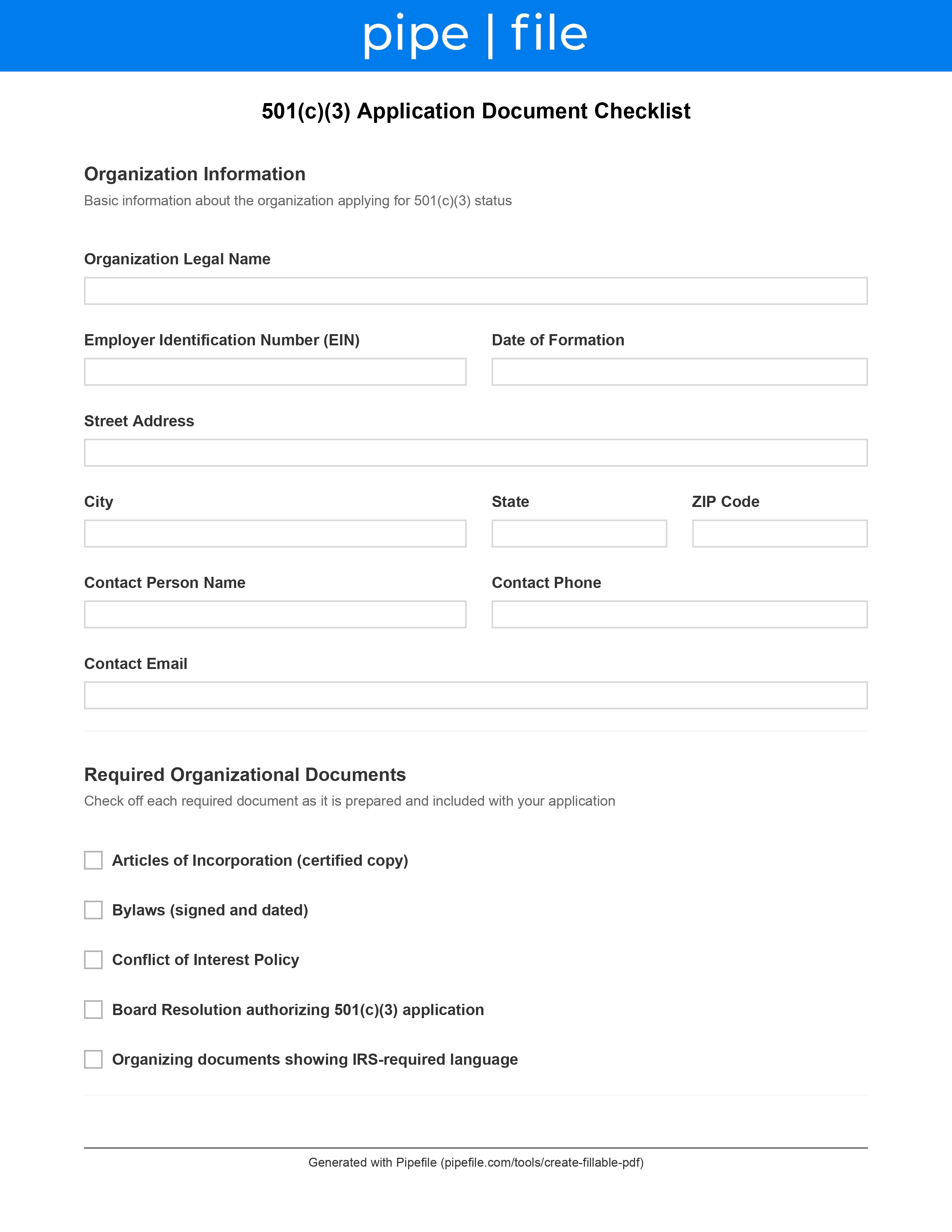 501(c)(3) Application Document Checklist form template preview