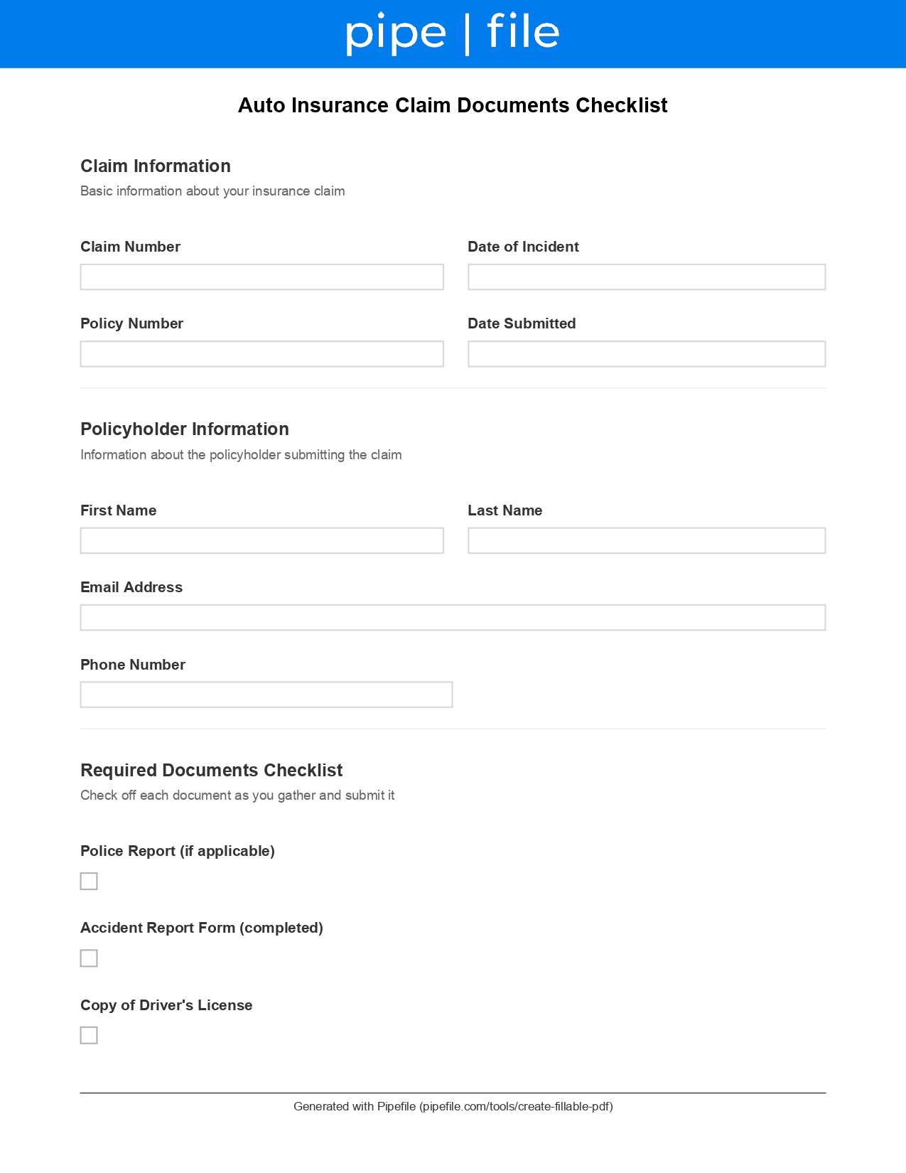 Auto Insurance Claim Documents Checklist form template preview