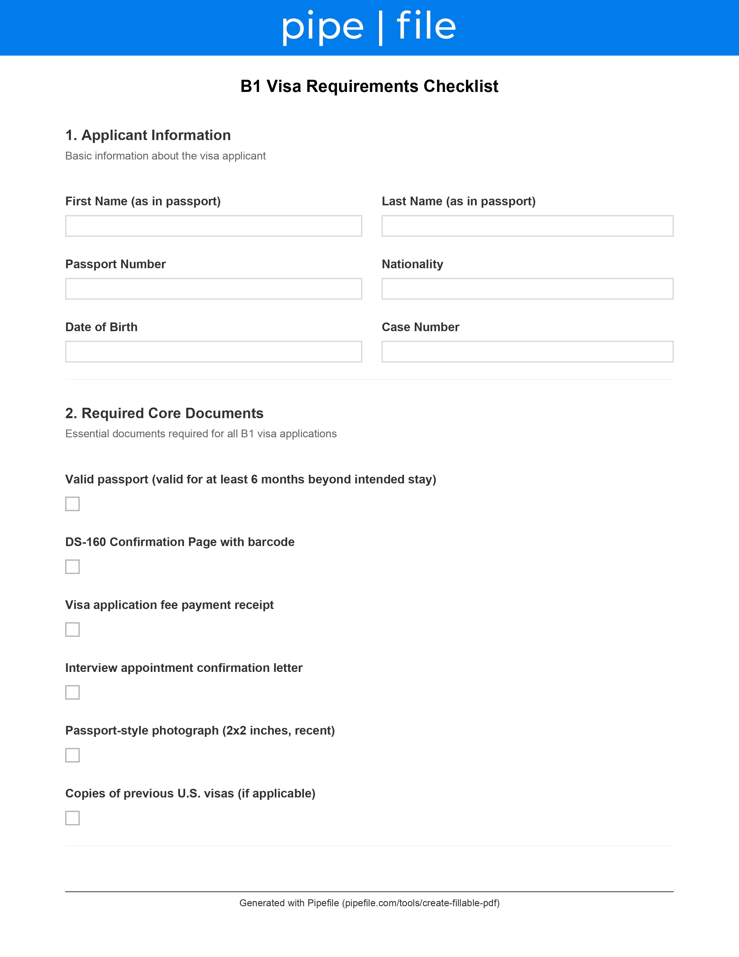 B1 Visa Requirements Checklist form template preview