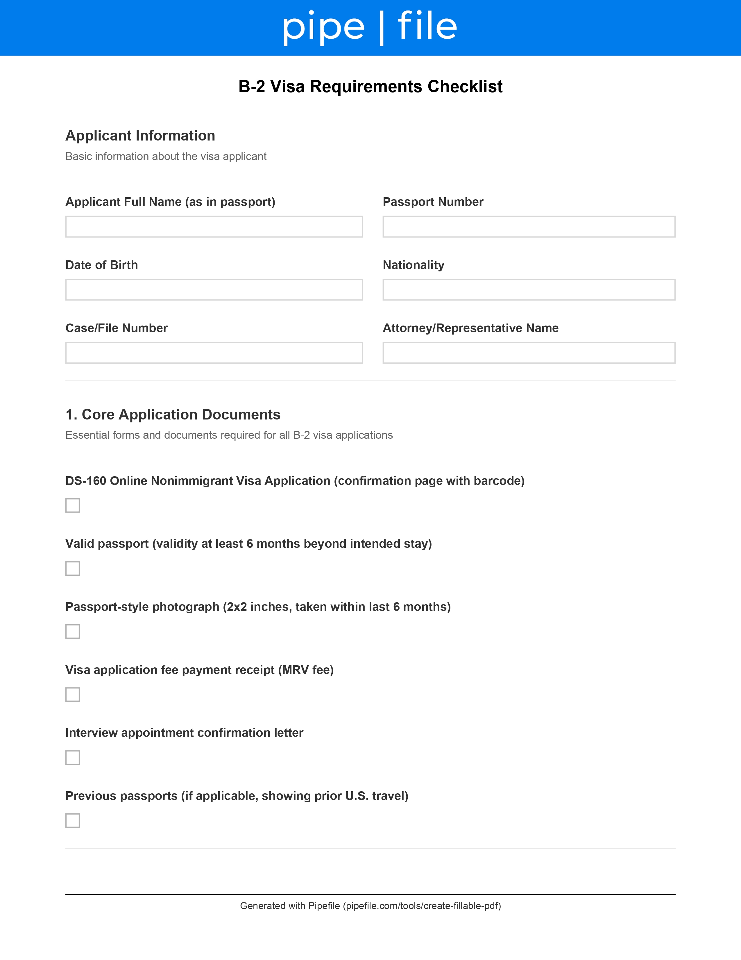B2 Visa Requirements Checklist form template preview