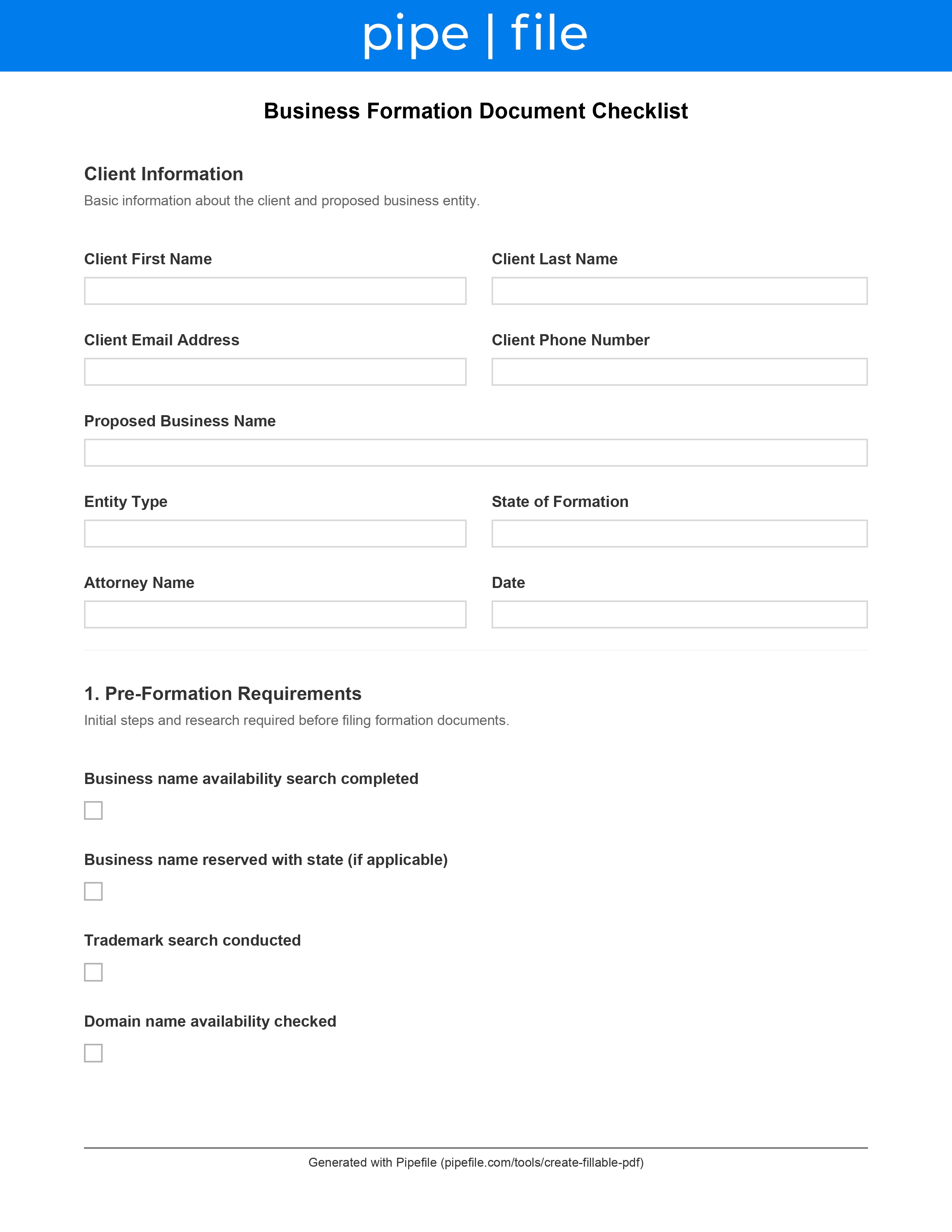 Business Formation Document Checklist form template preview