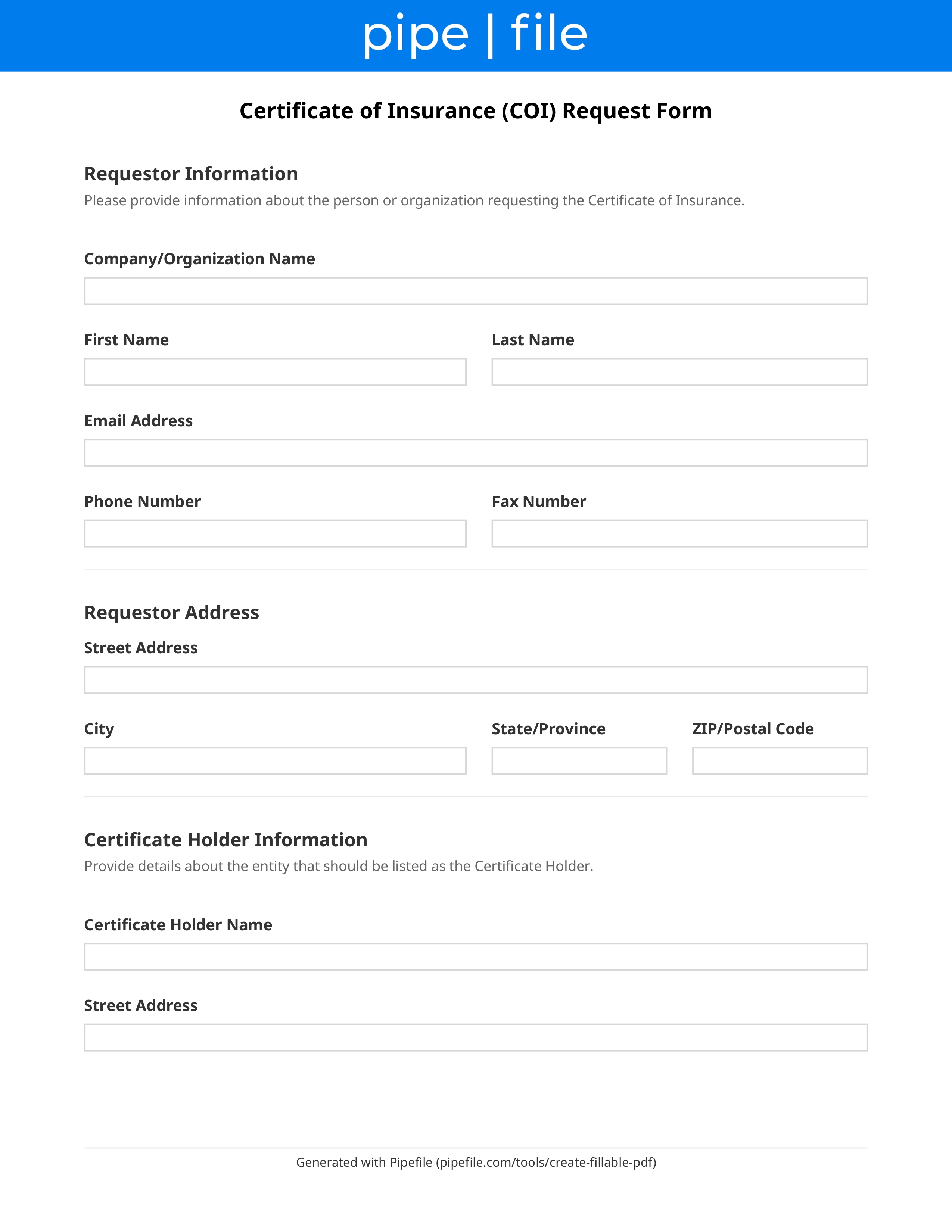 Certificate of Insurance (COI) Request Form form template preview
