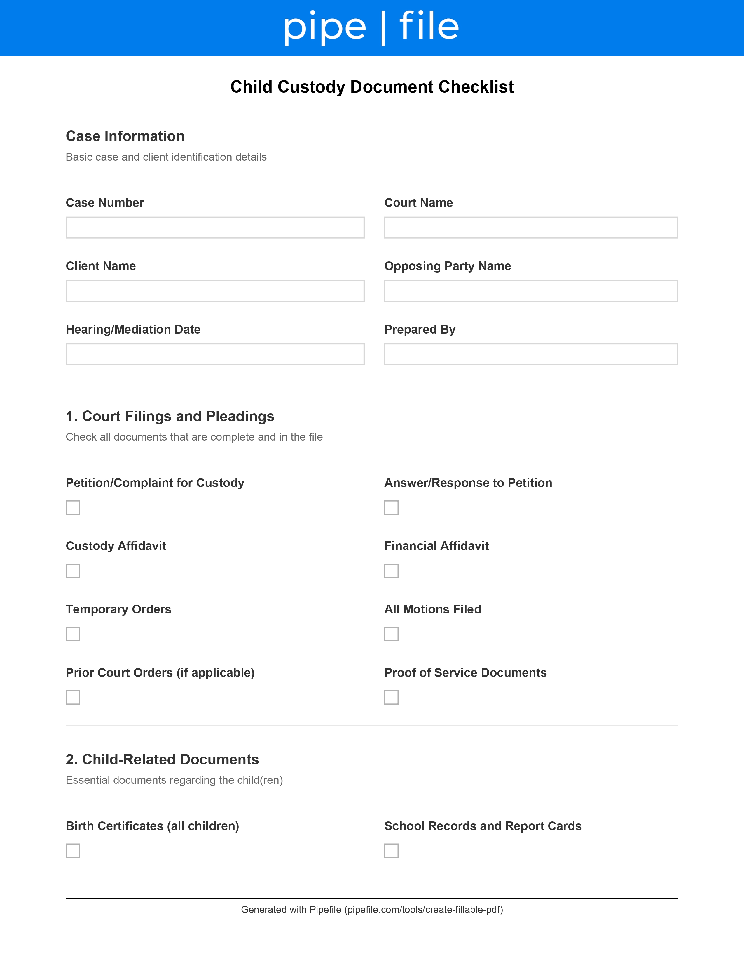 Child Custody Document Checklist form template preview