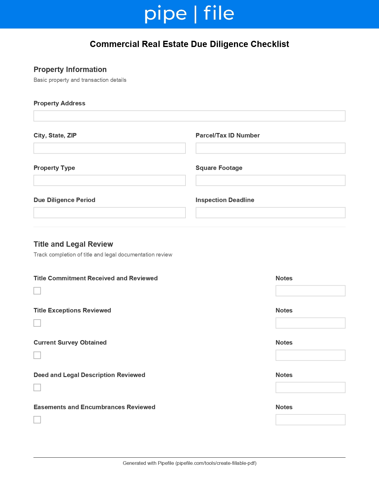 Commercial Real Estate Due Diligence Checklist form template preview