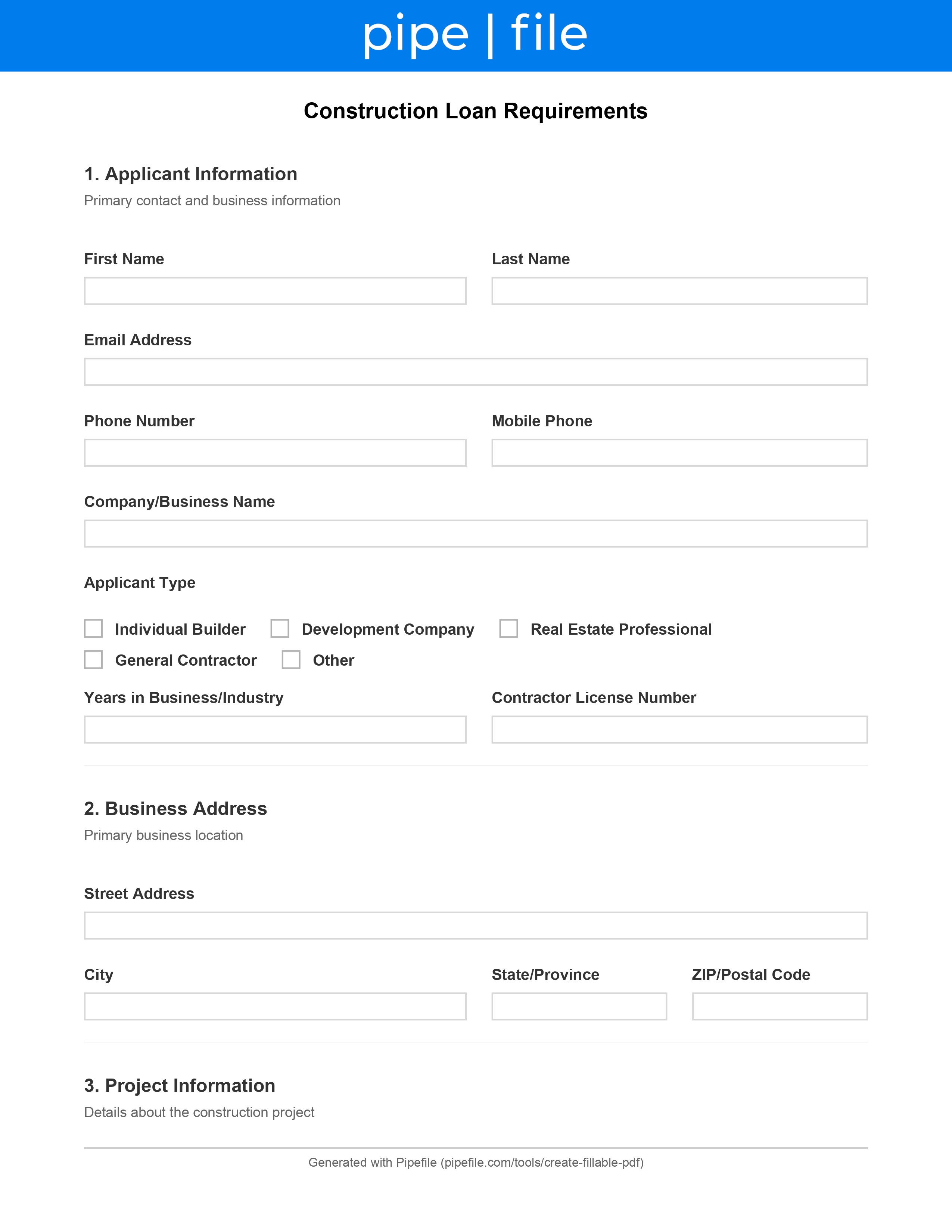Construction Loan Requirements form template preview