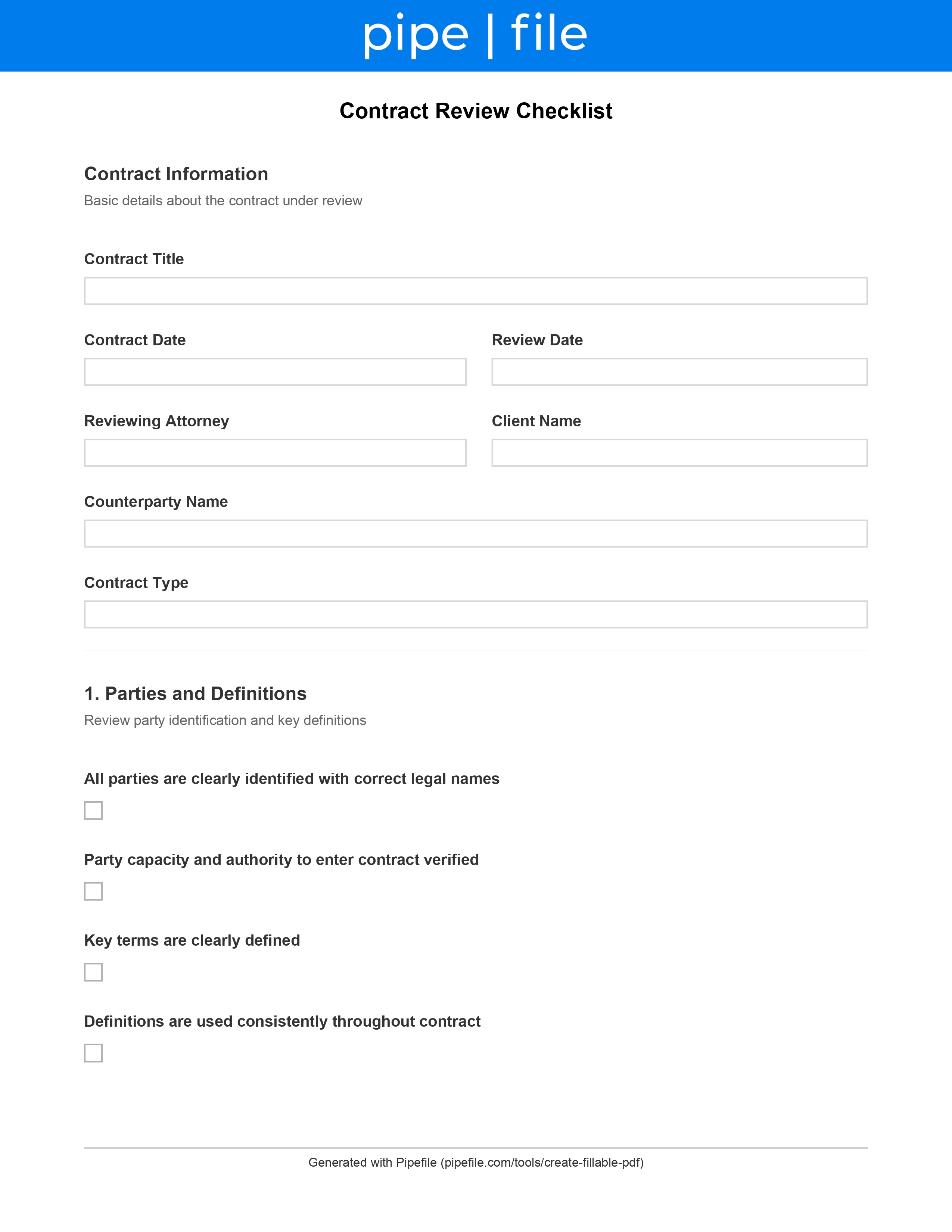 Contract Review Checklist form template preview