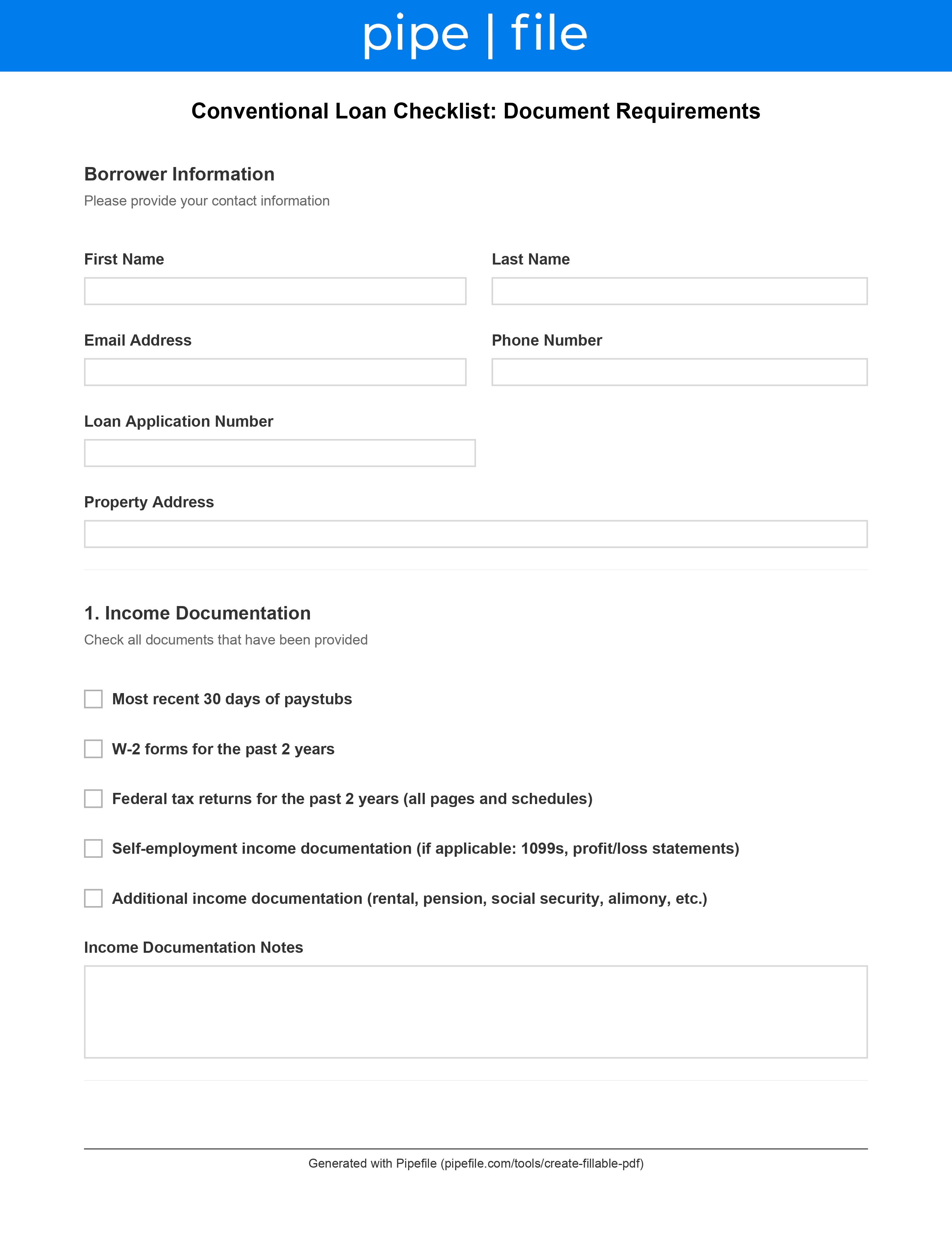 Conventional Loan Checklist: Document Requirements form template preview