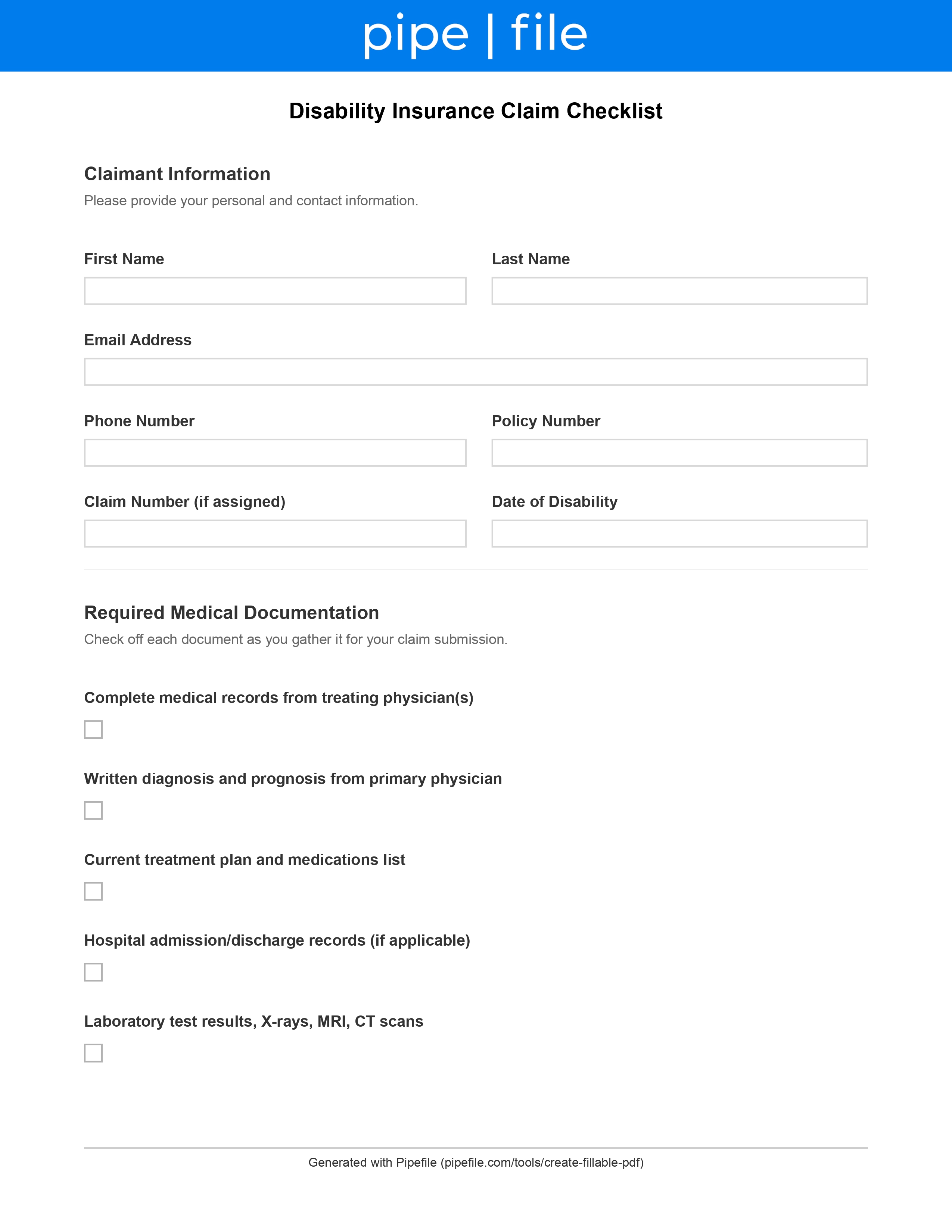 Disability Insurance Claim Checklist form template preview