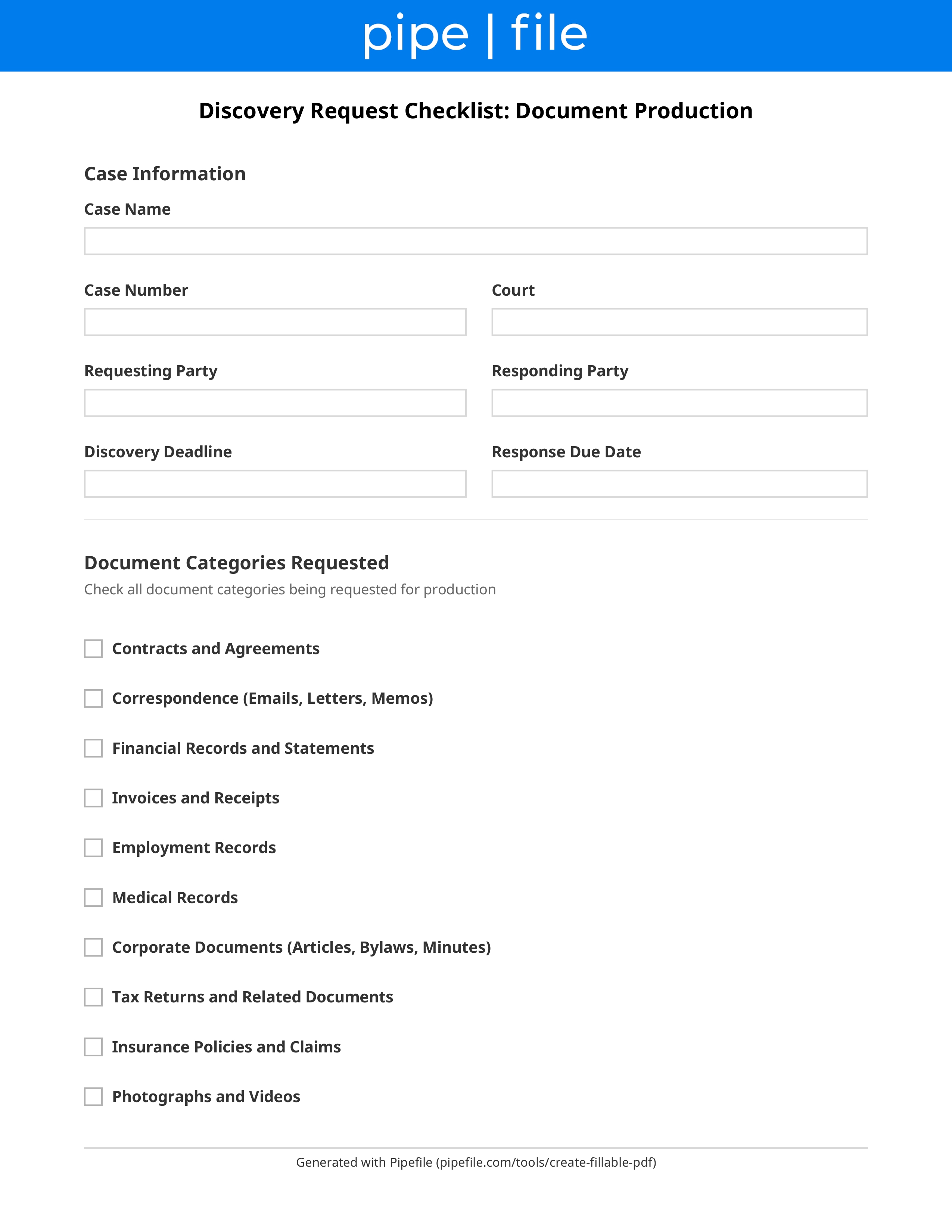 Discovery Request Checklist: Document Production form template preview