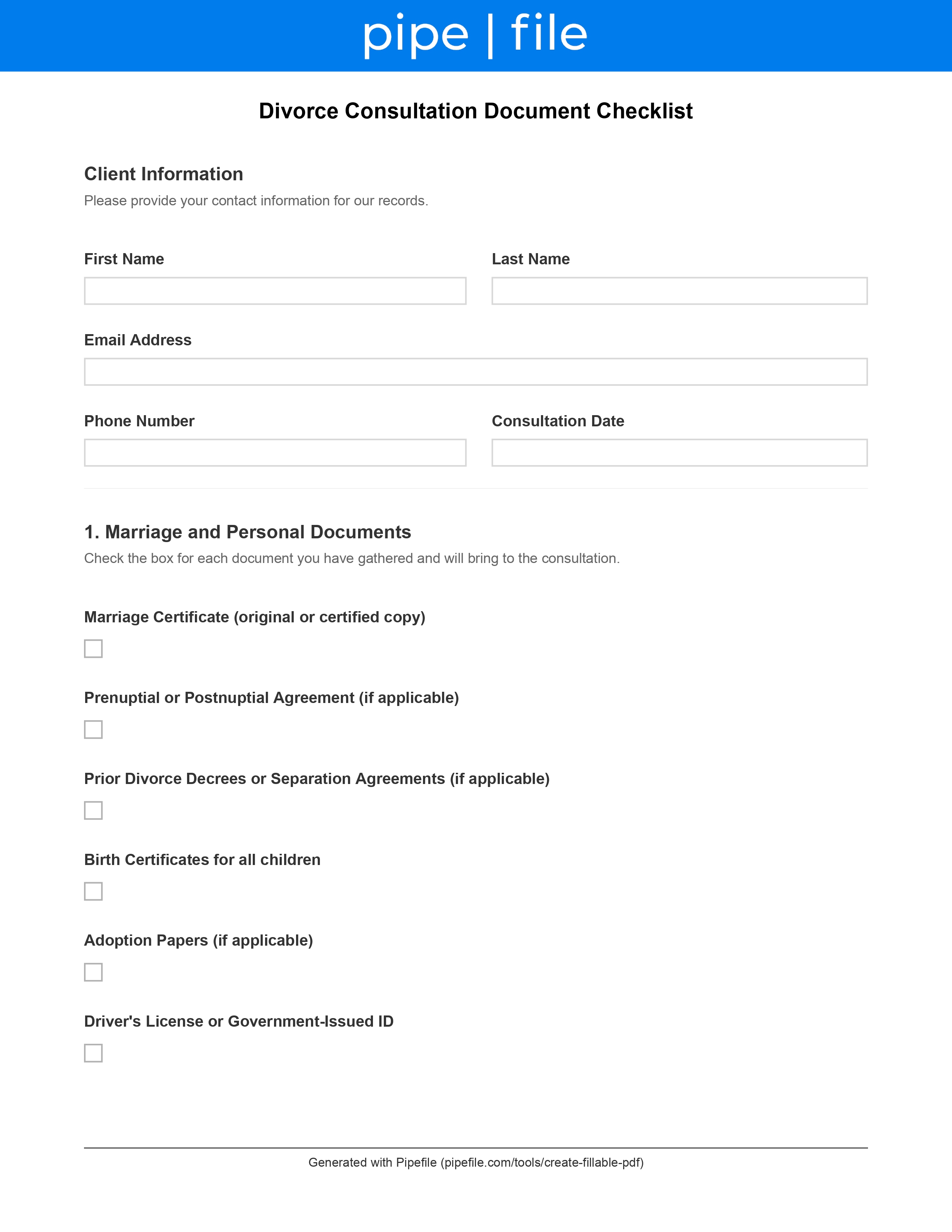 Divorce Consultation Document Checklist form template preview