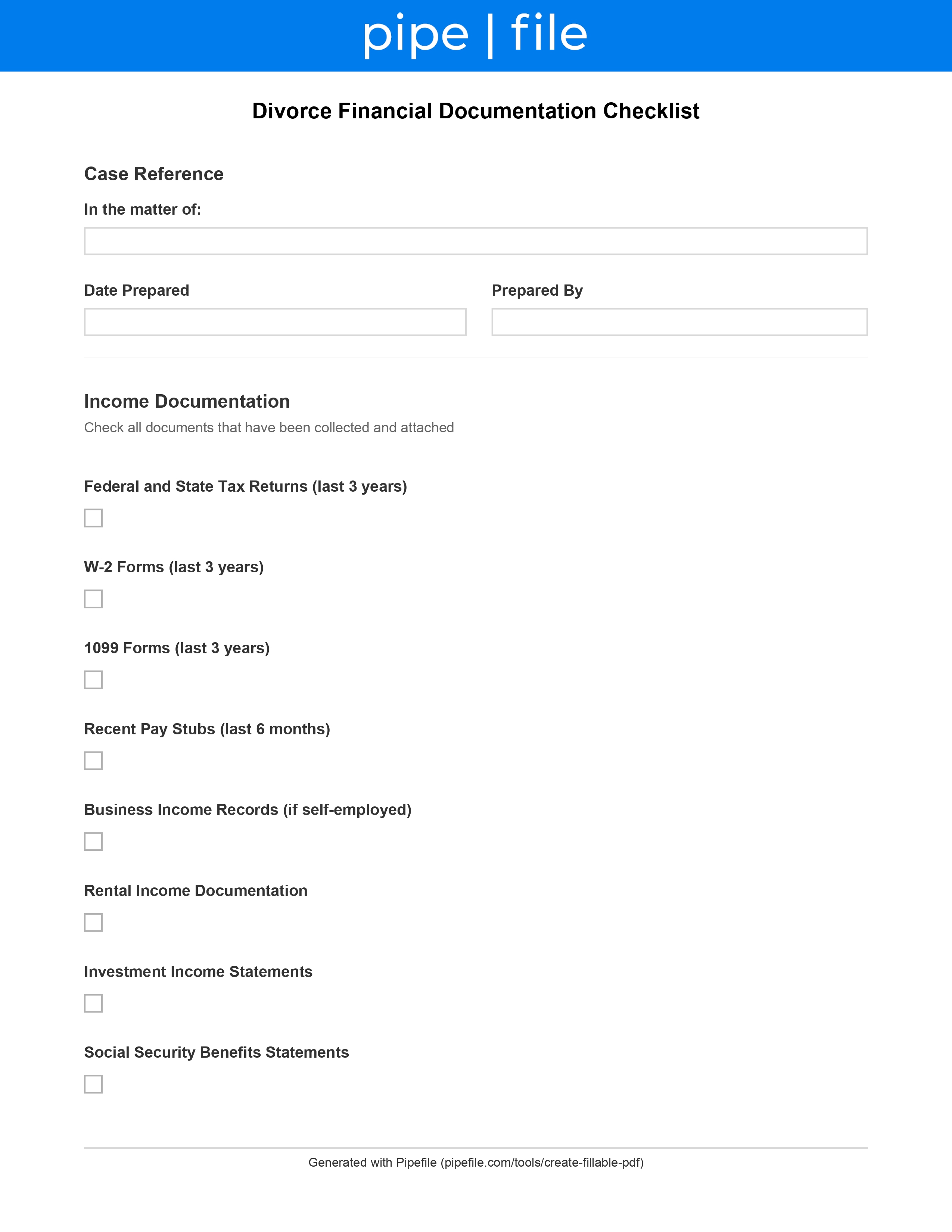 Divorce Financial Documentation Checklist form template preview