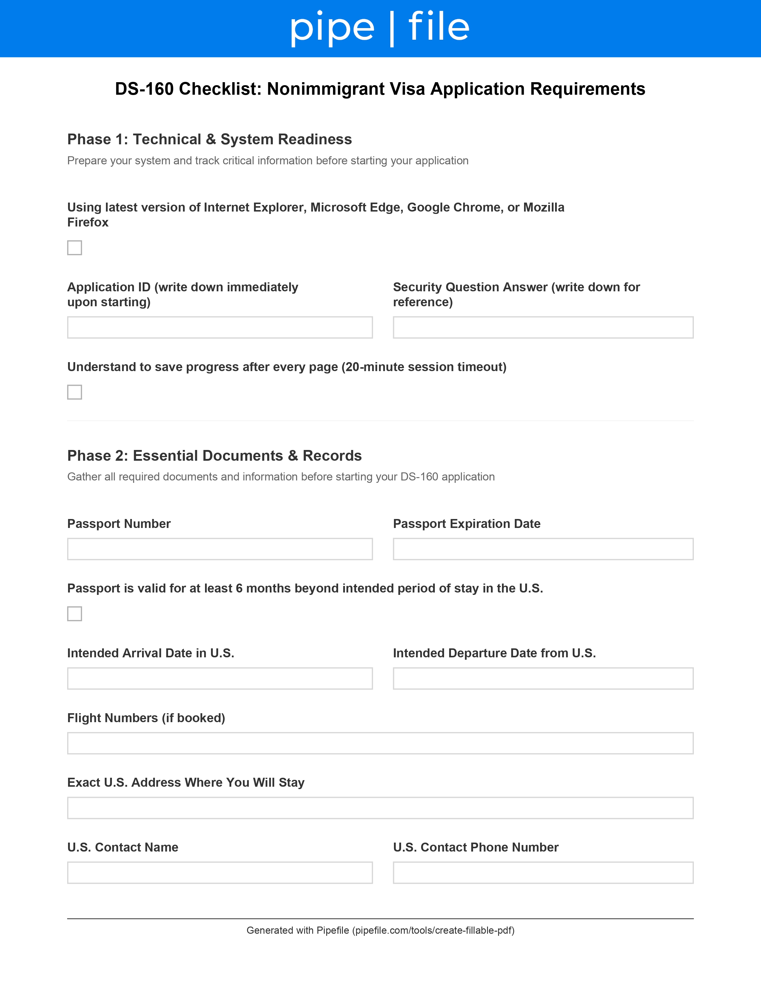 DS-160 Checklist: Nonimmigrant Visa Application Requirements form template preview