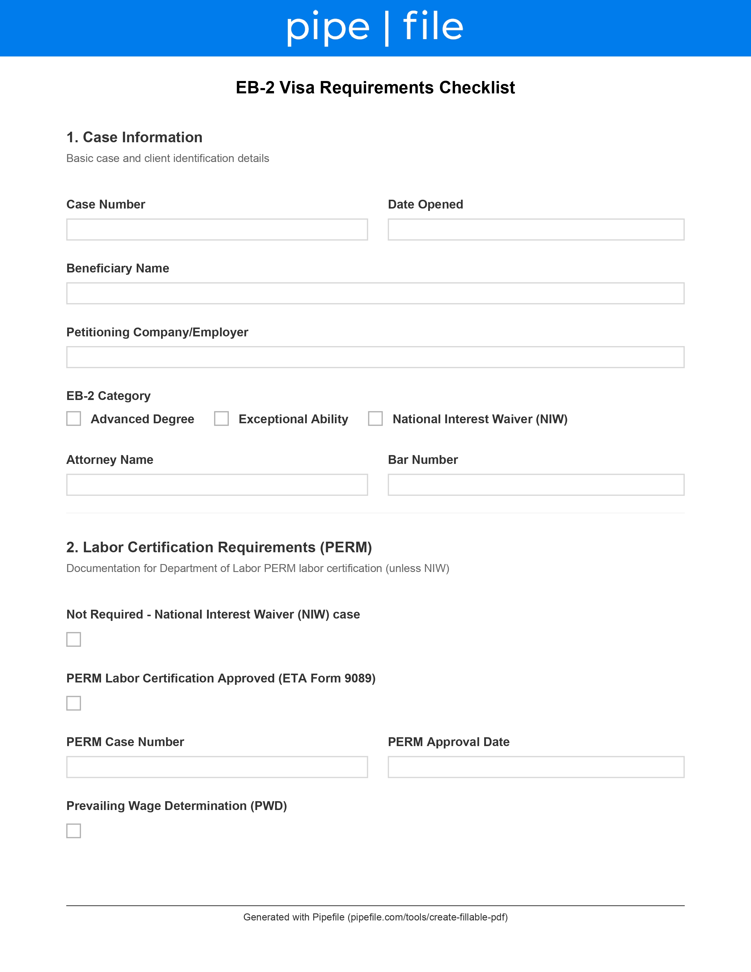 EB2 Visa Requirements form template preview