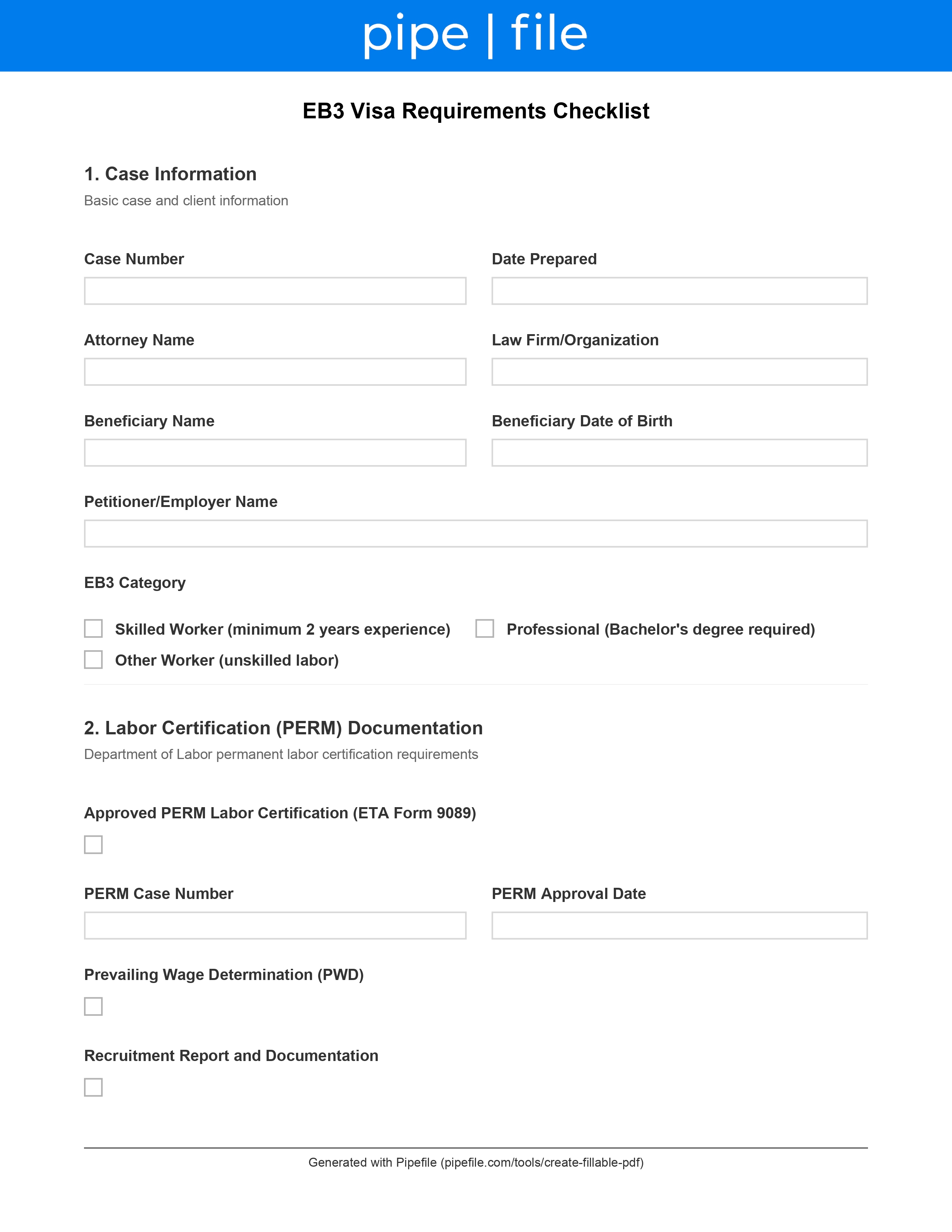 EB3 Visa Requirements form template preview