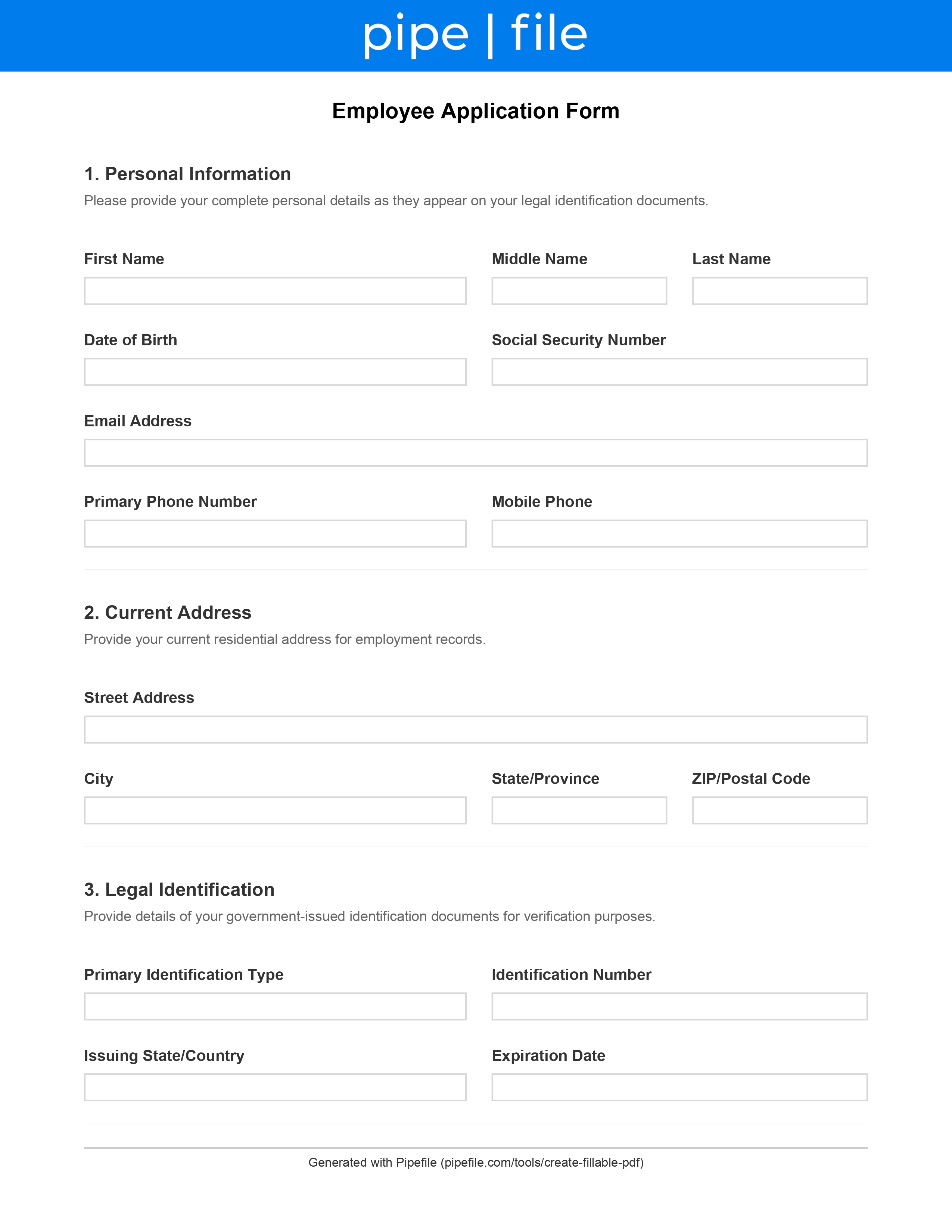Employee Application Form form template preview