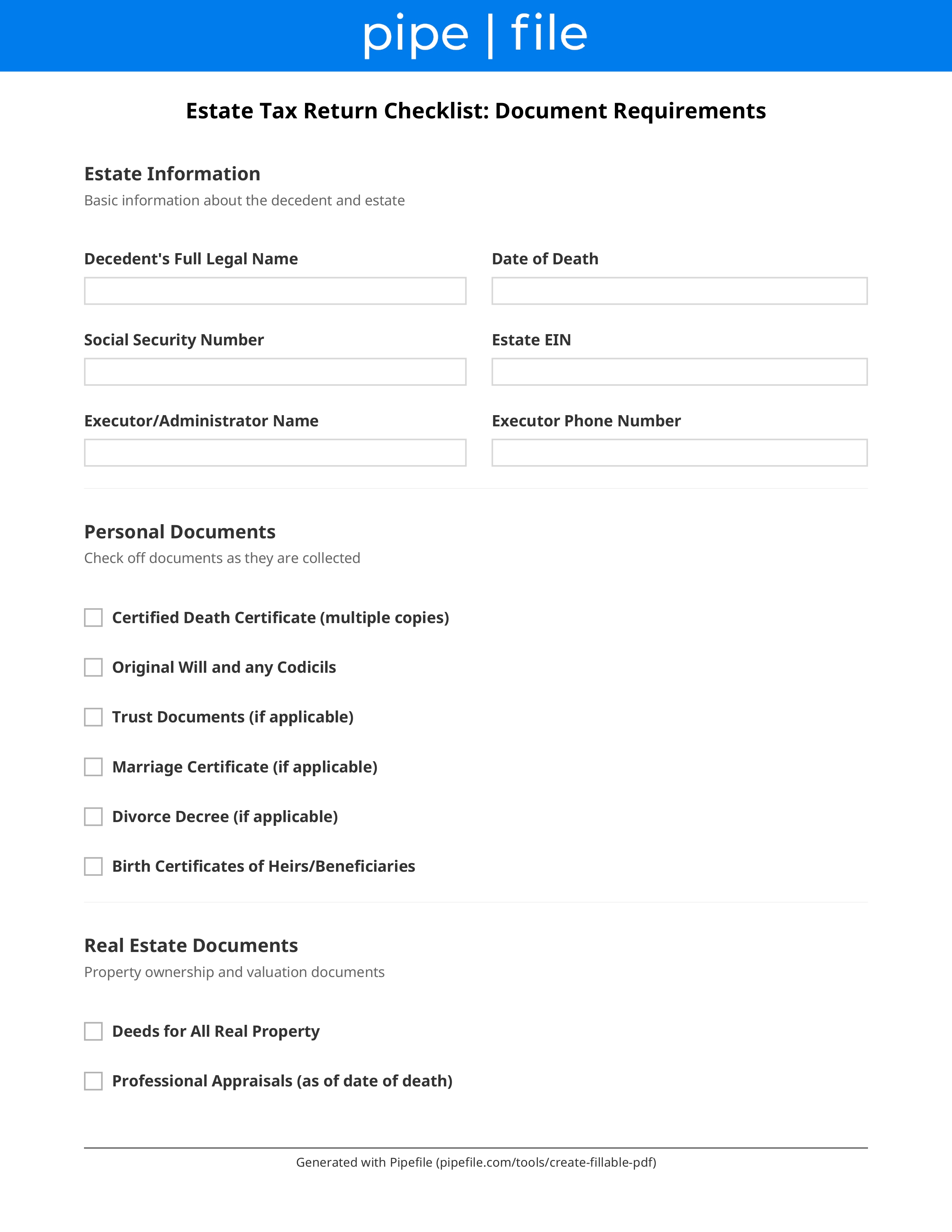 Estate Tax Return Checklist: Document Requirements form template preview