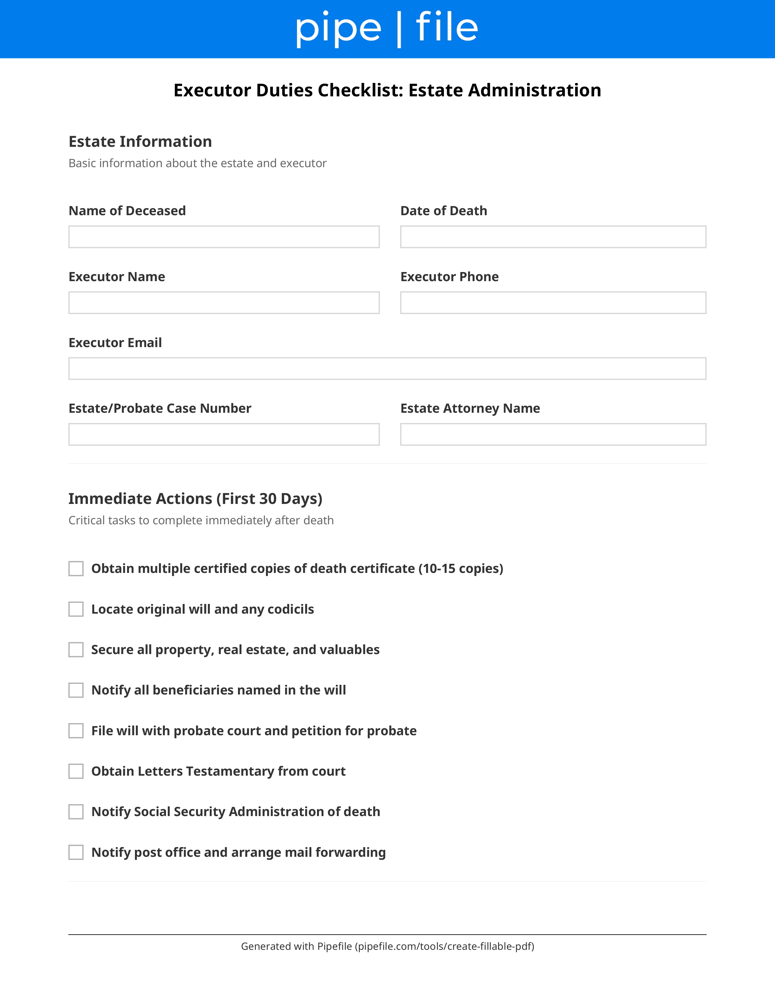 Executor Duties Checklist: Estate Administration form template preview