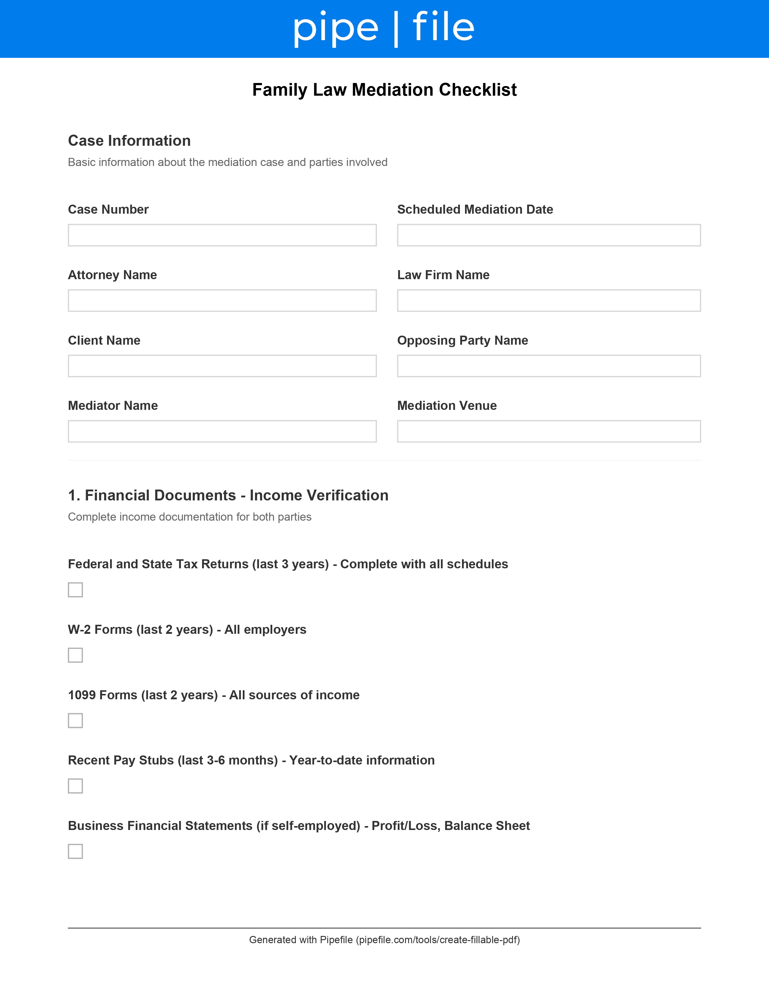 Family Law Mediation Checklist form template preview
