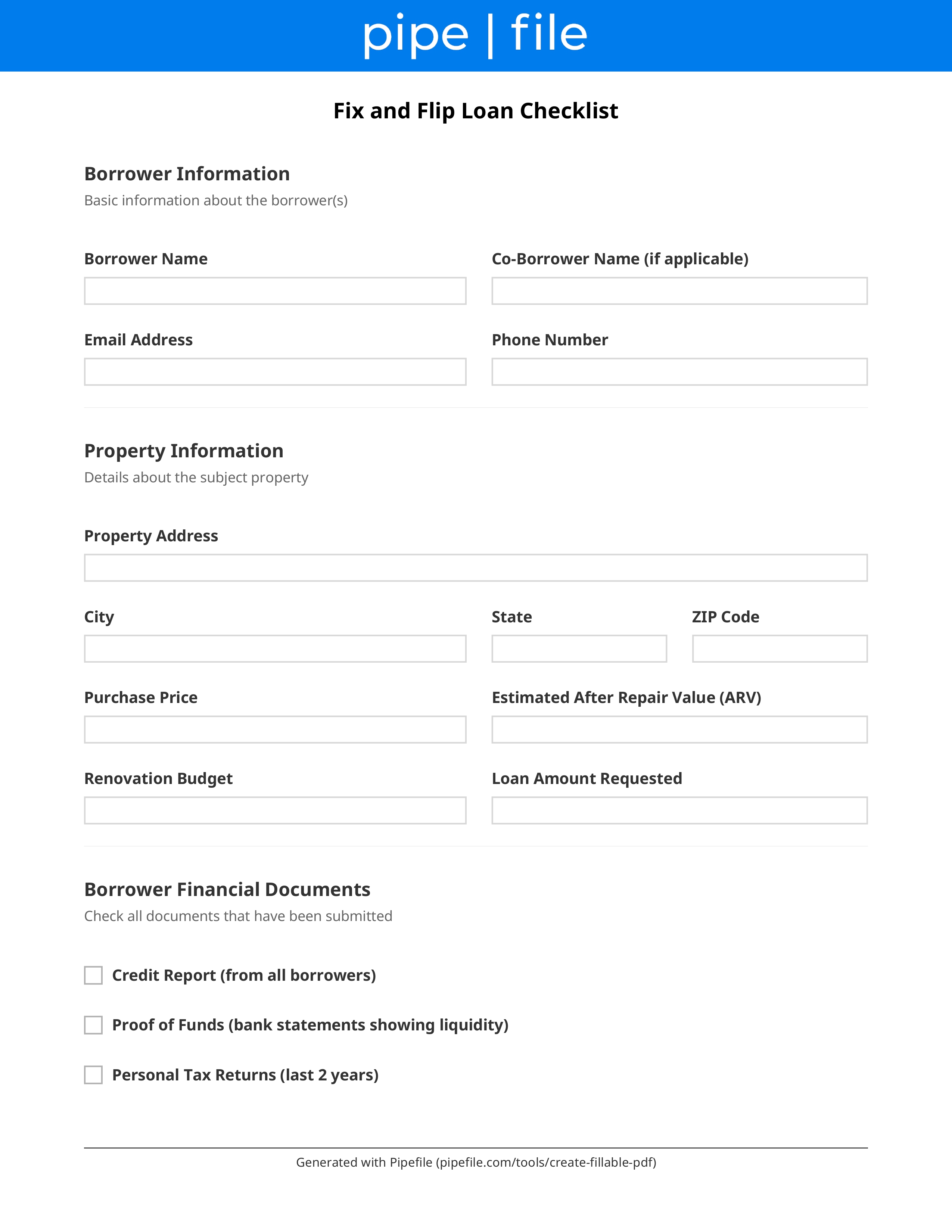 Fix and Flip Loan Checklist: Document Requirements form template preview