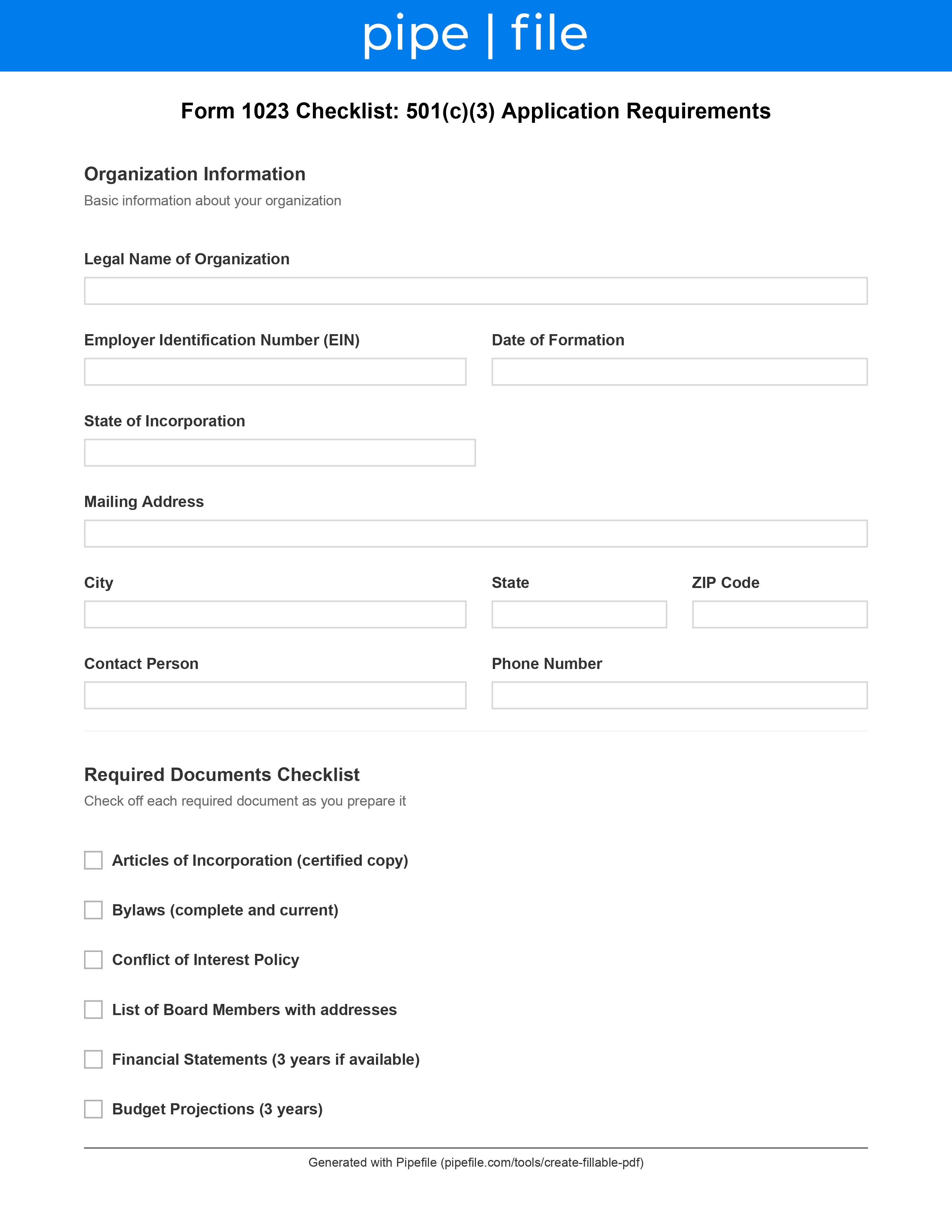 Form 1023 Checklist: 501(c)(3) Application Requirements form template preview