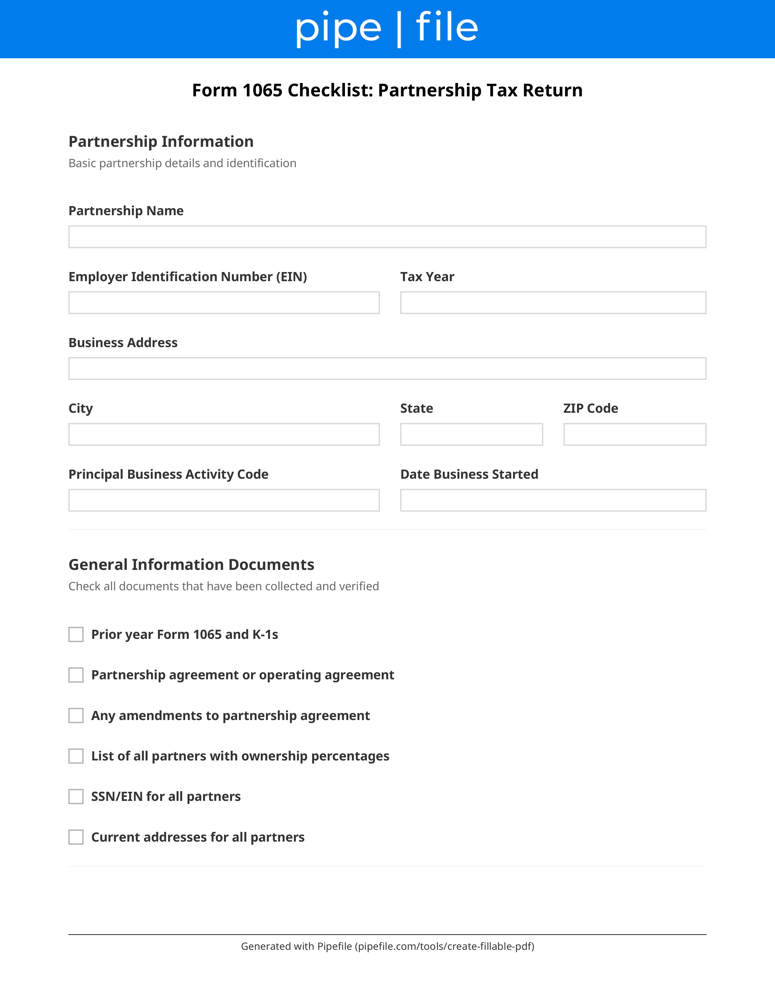 Form 1065 Checklist: Partnership Tax Return form template preview