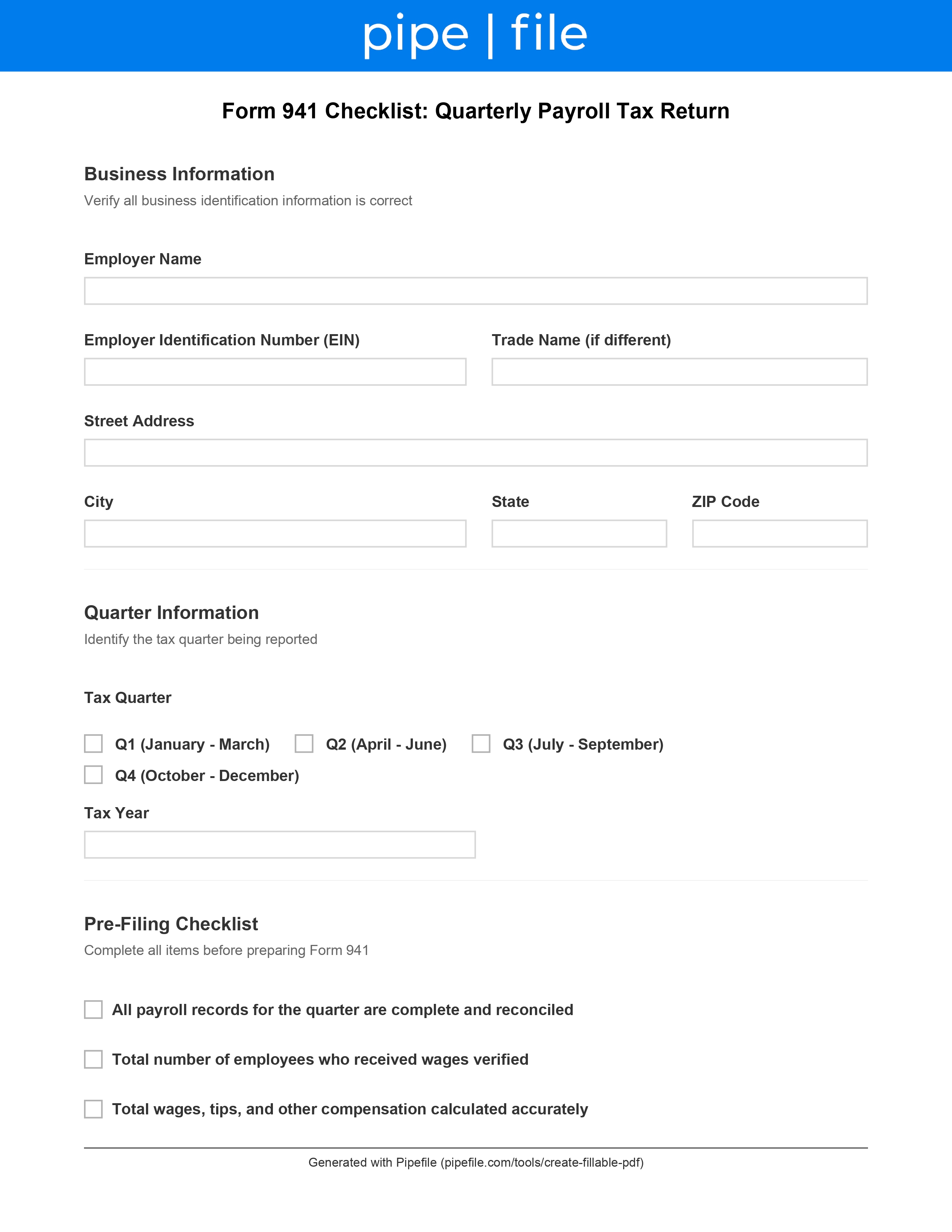Form 941 Checklist: Quarterly Payroll Tax Return form template preview