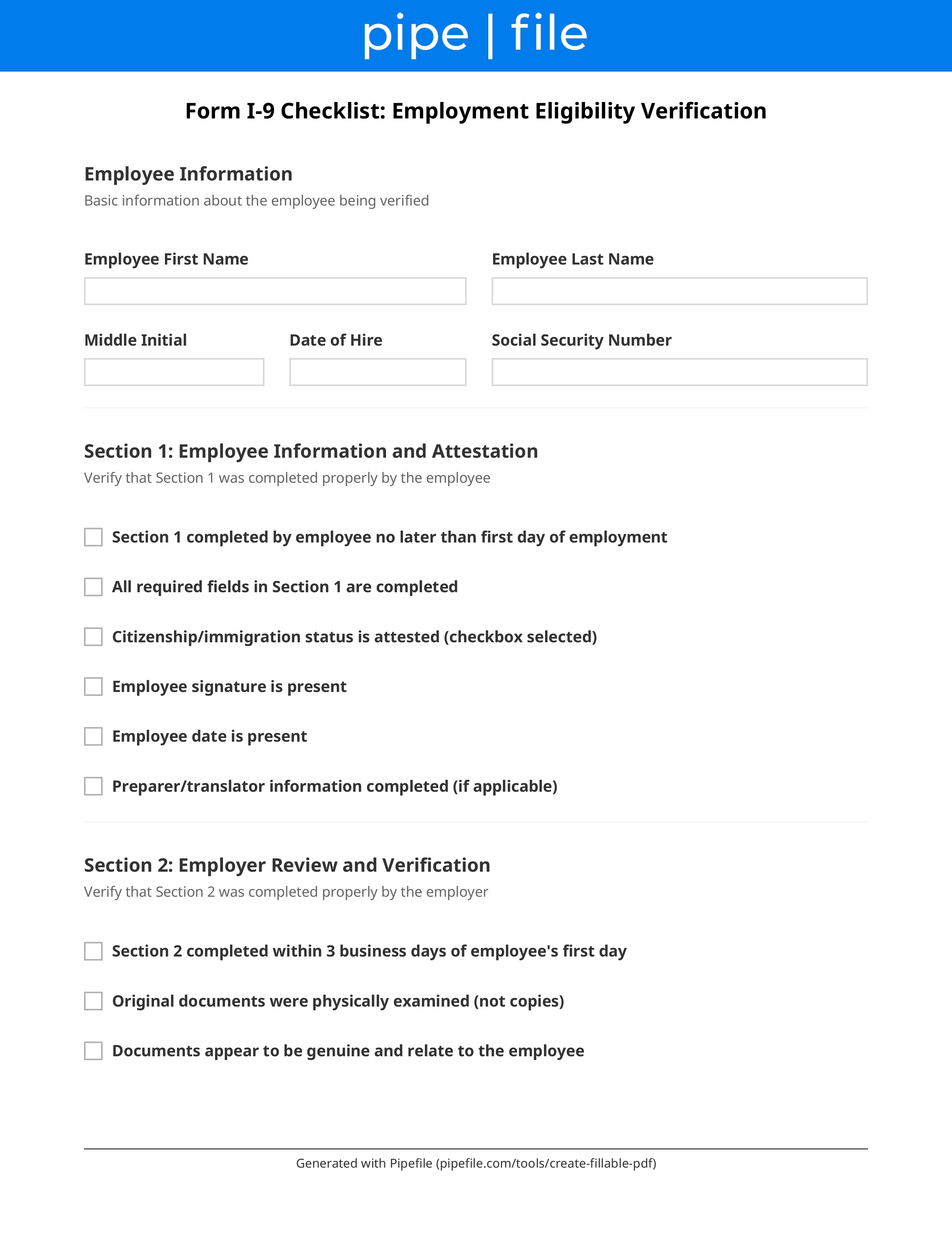 Form I-9 Checklist: Employment Eligibility Verification form template preview