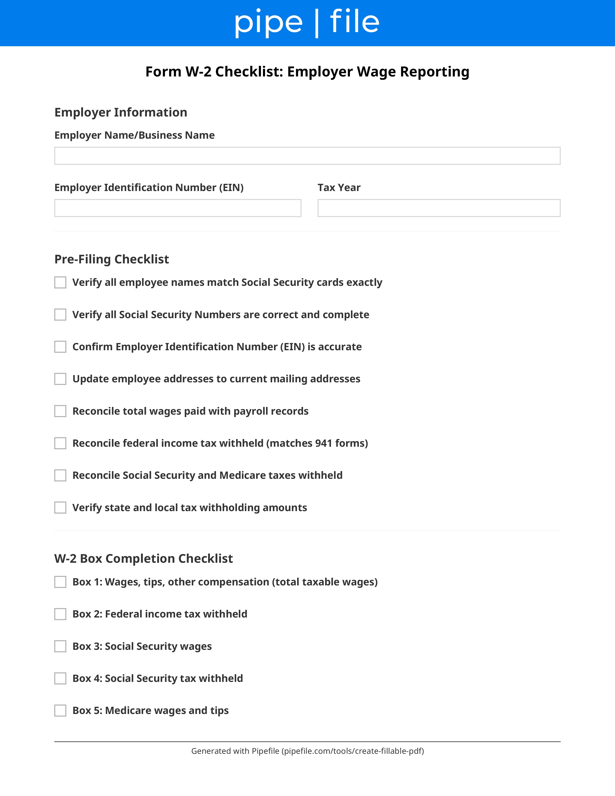 Form W-2 Checklist: Employer Wage Reporting form template preview