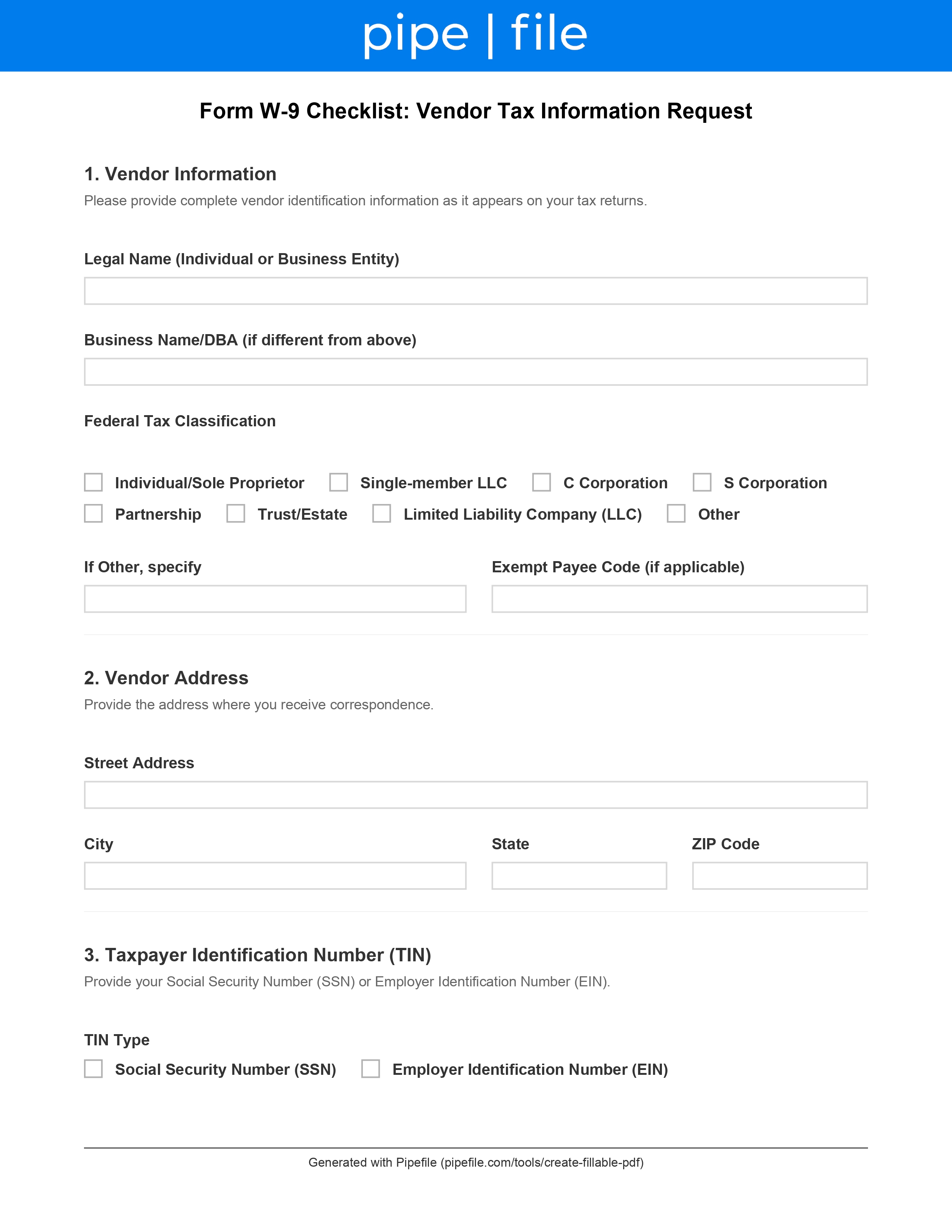 Form W-9 Checklist: Vendor Tax Information Request form template preview
