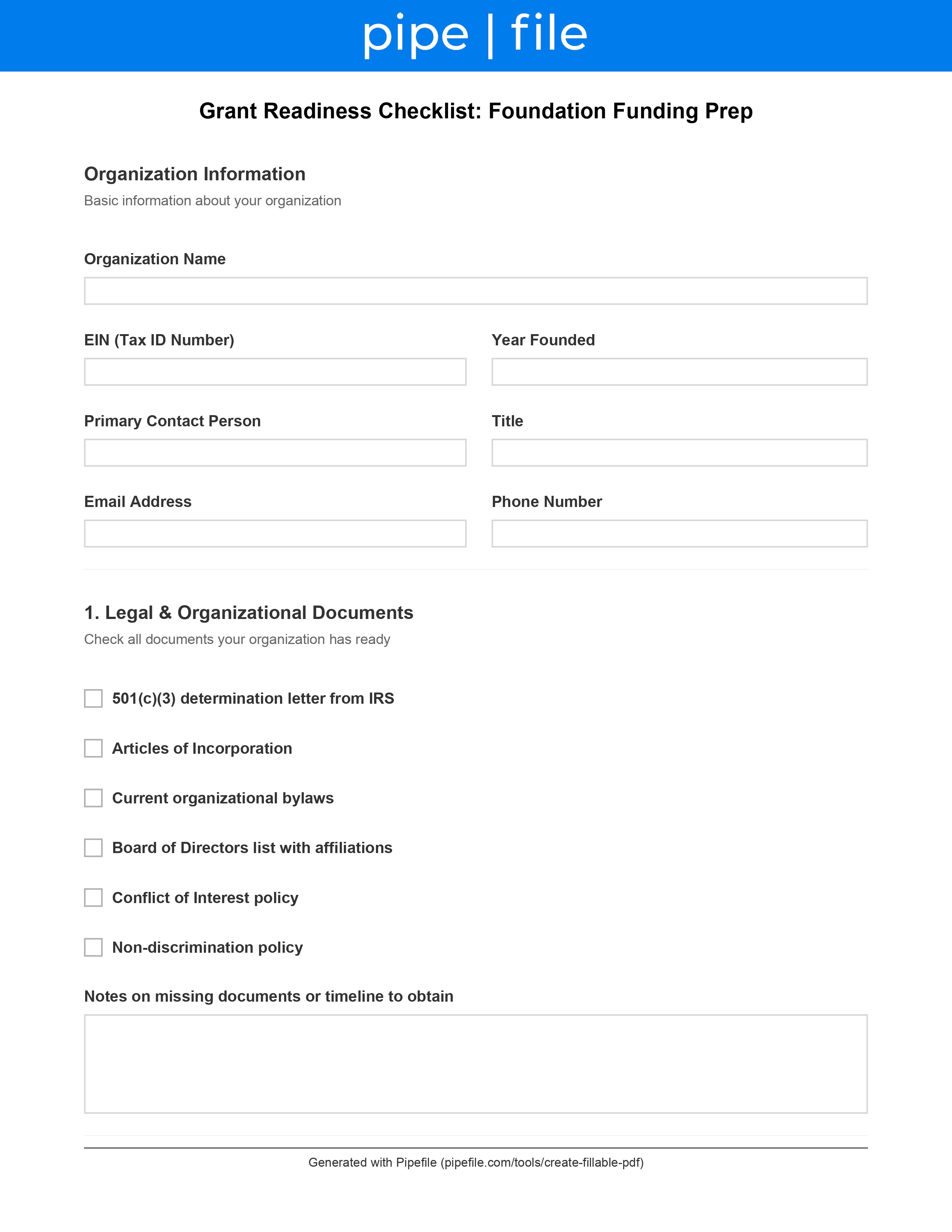 Grant Readiness Checklist: Foundation Funding Prep form template preview