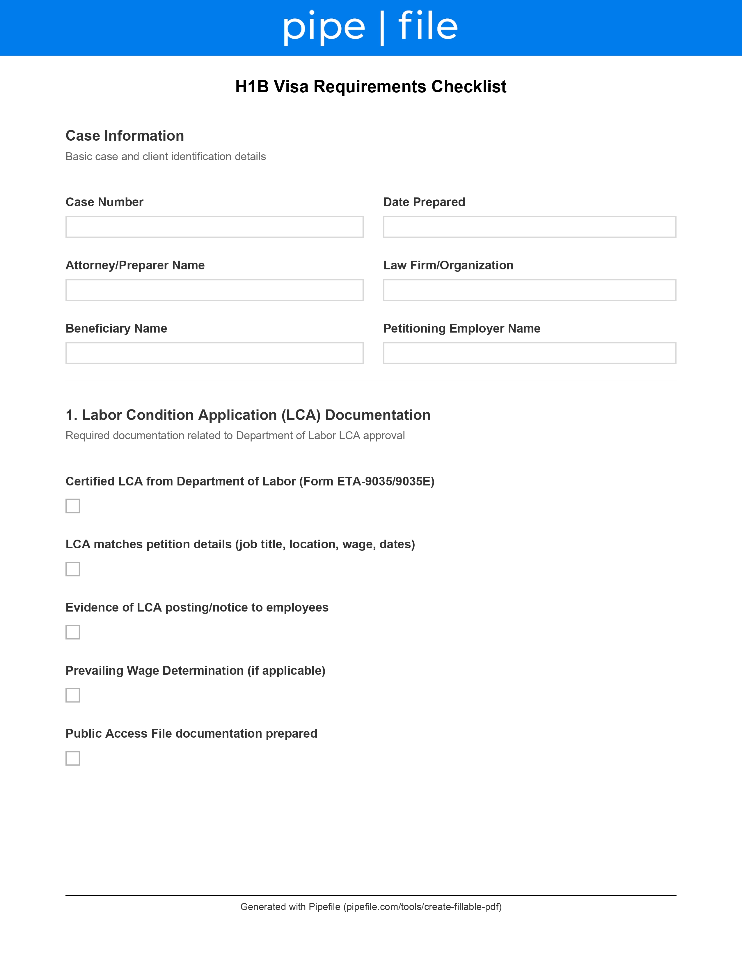 H1B Visa Requirements form template preview