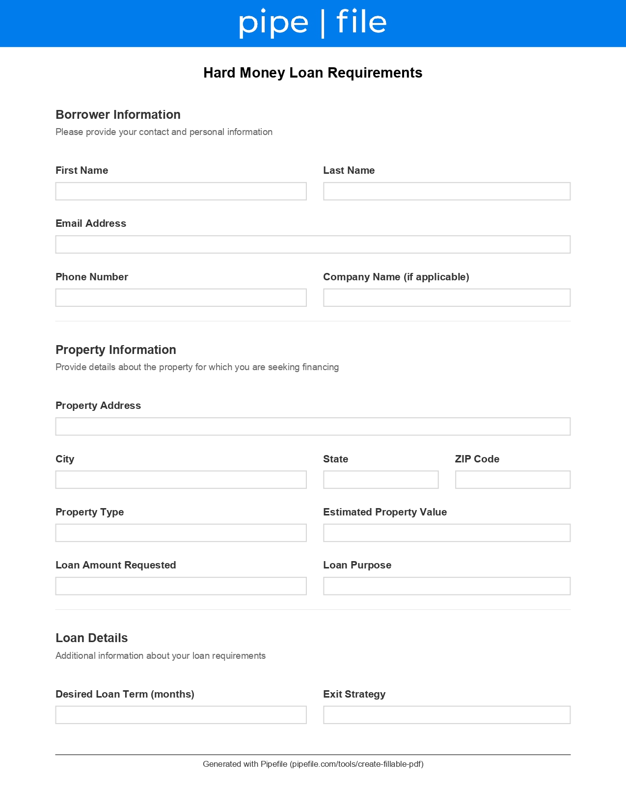 Hard Money Loan Requirements form template preview