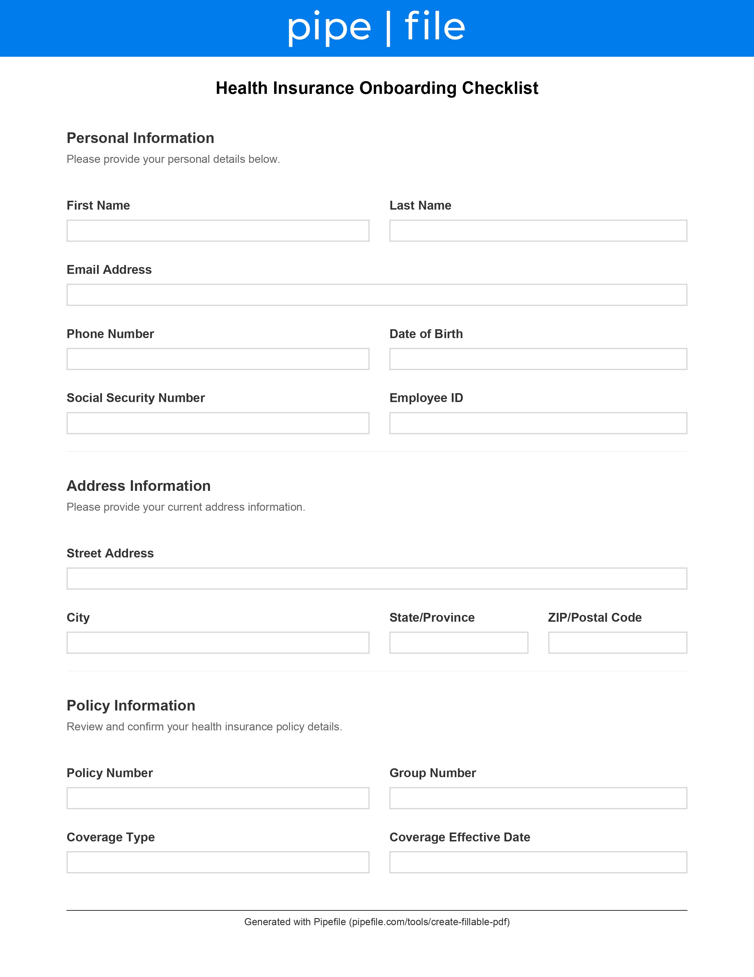 Health Insurance Onboarding Checklist form template preview