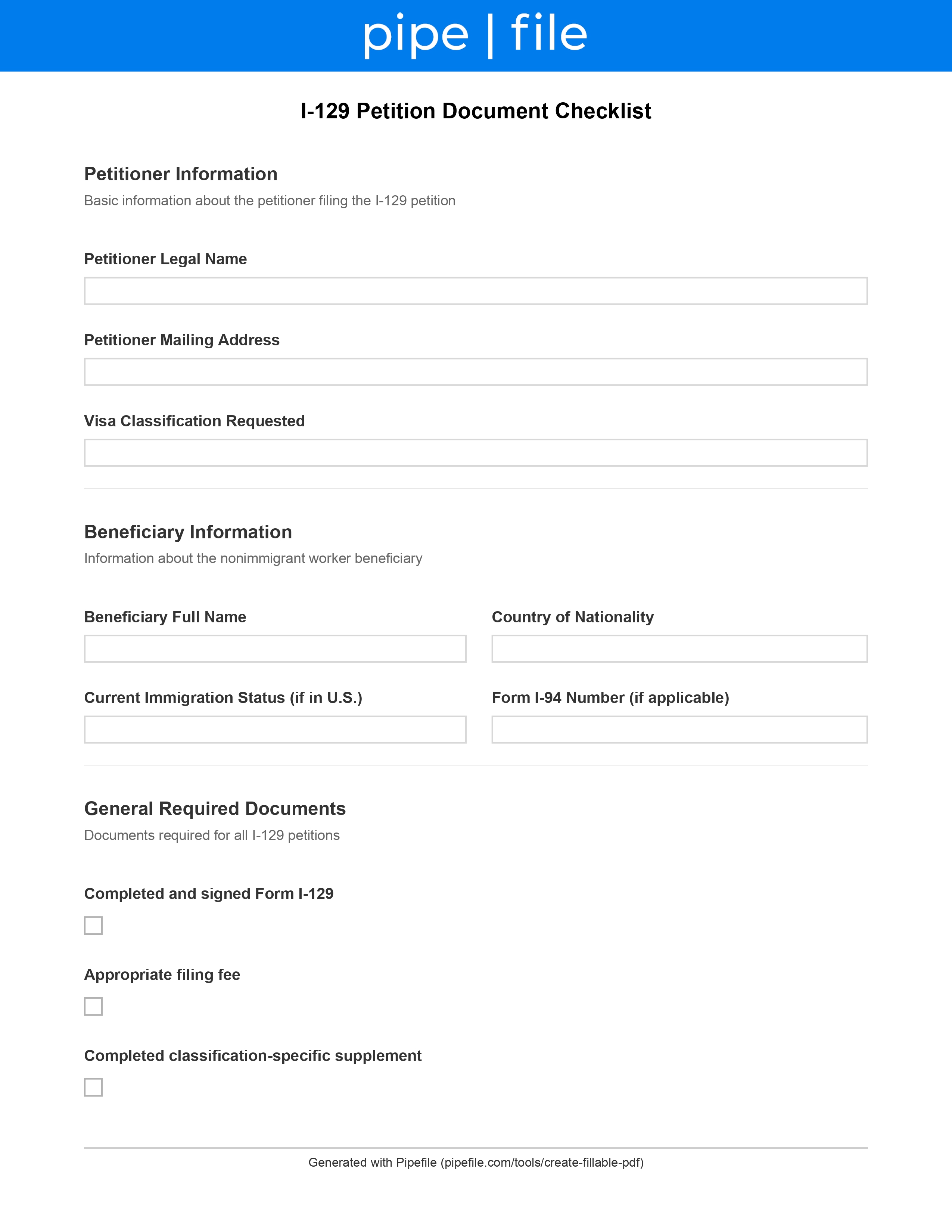 I-129 Checklist: Petition for Nonimmigrant Worker form template preview