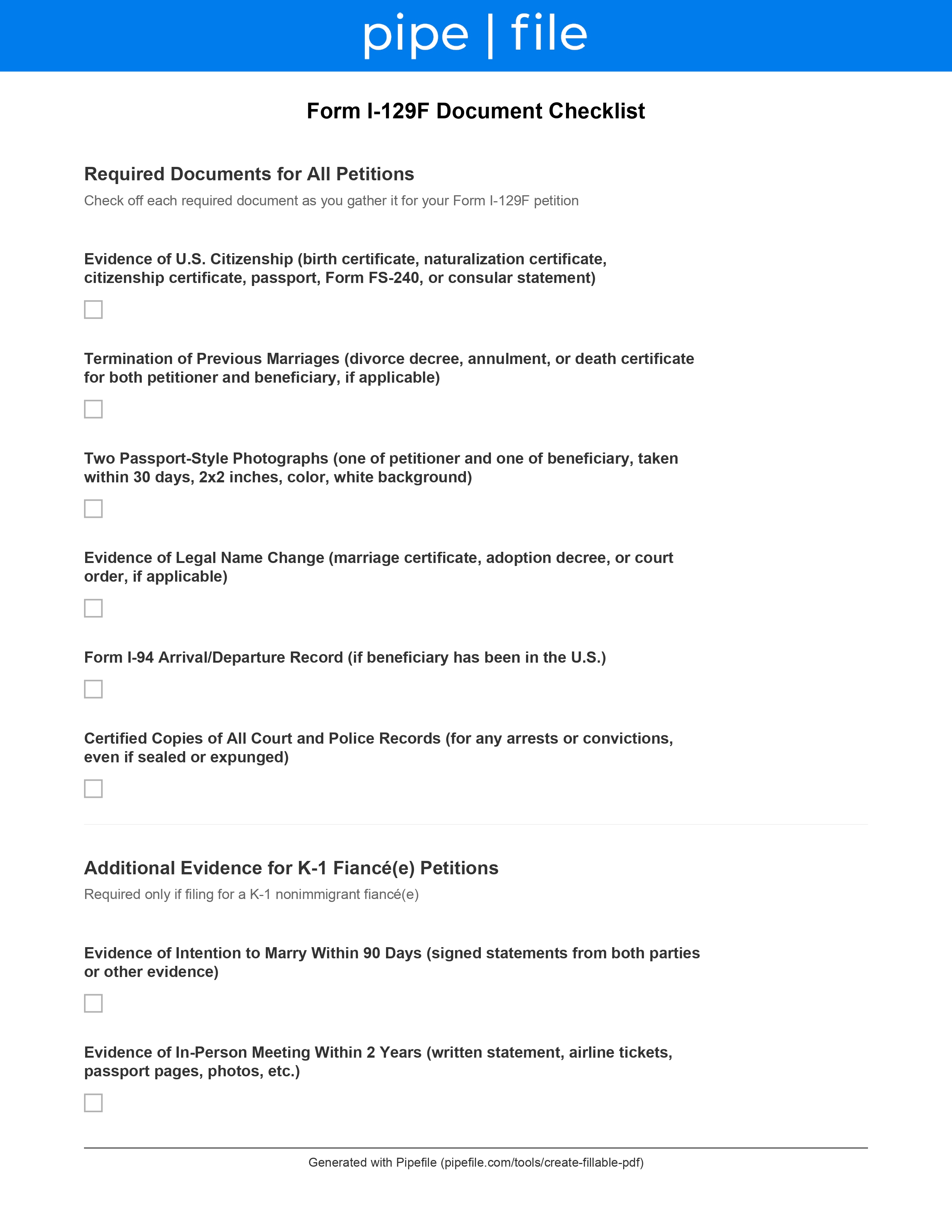 I-129F Checklist: Fiancé(e) Visa Petition Requirements form template preview