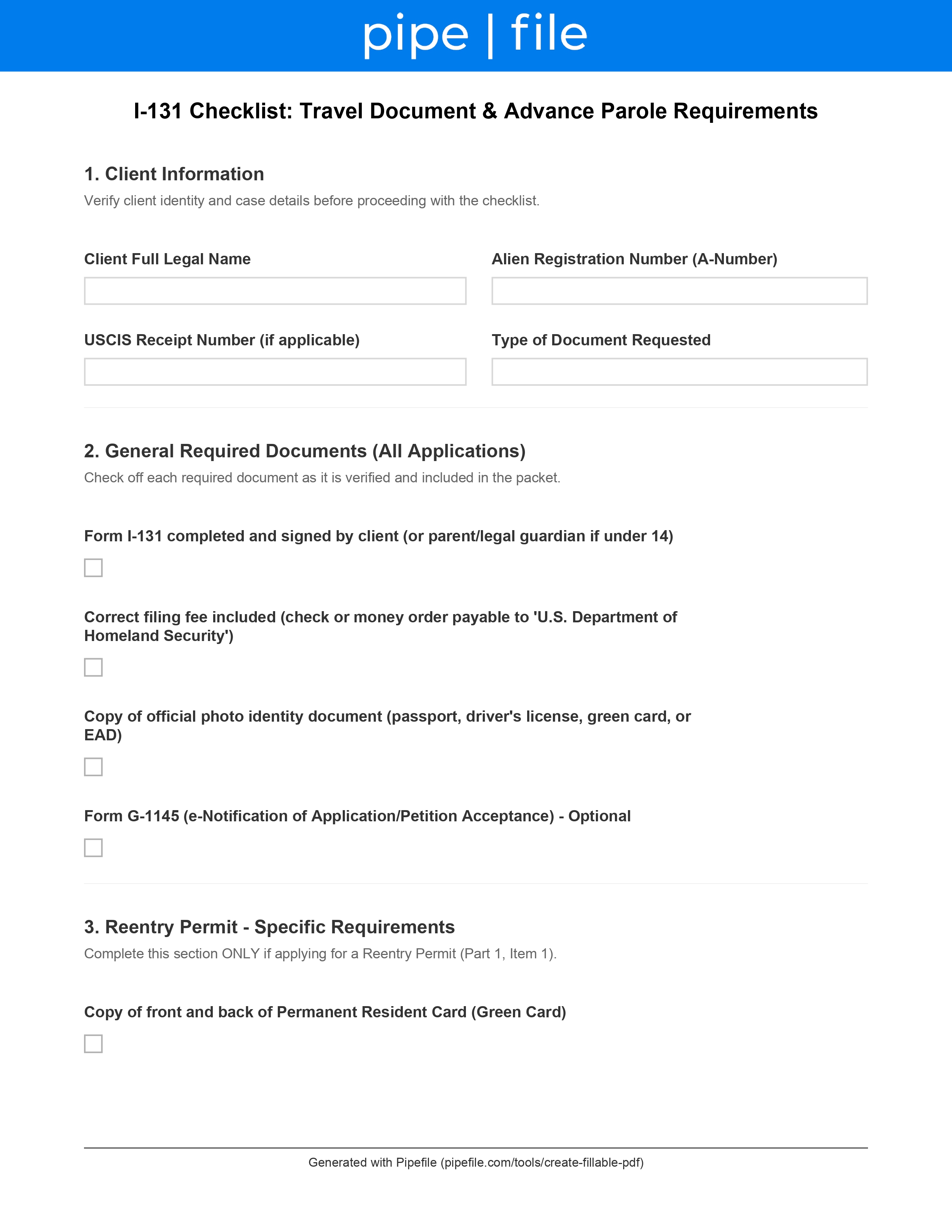 I-131 Checklist: Travel Document & Advance Parole Requirements form template preview