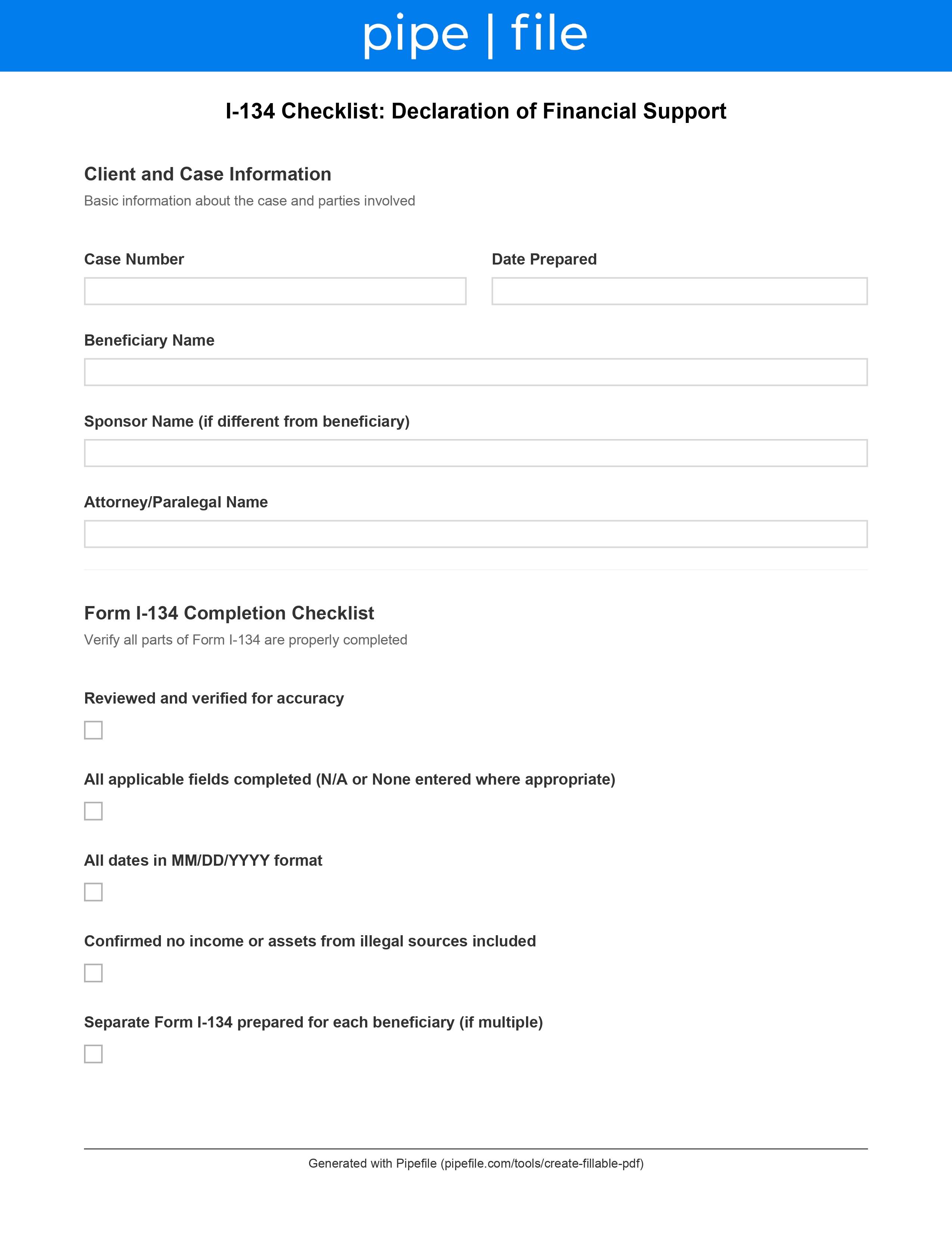 I-134 Checklist: Declaration of Financial Support form template preview