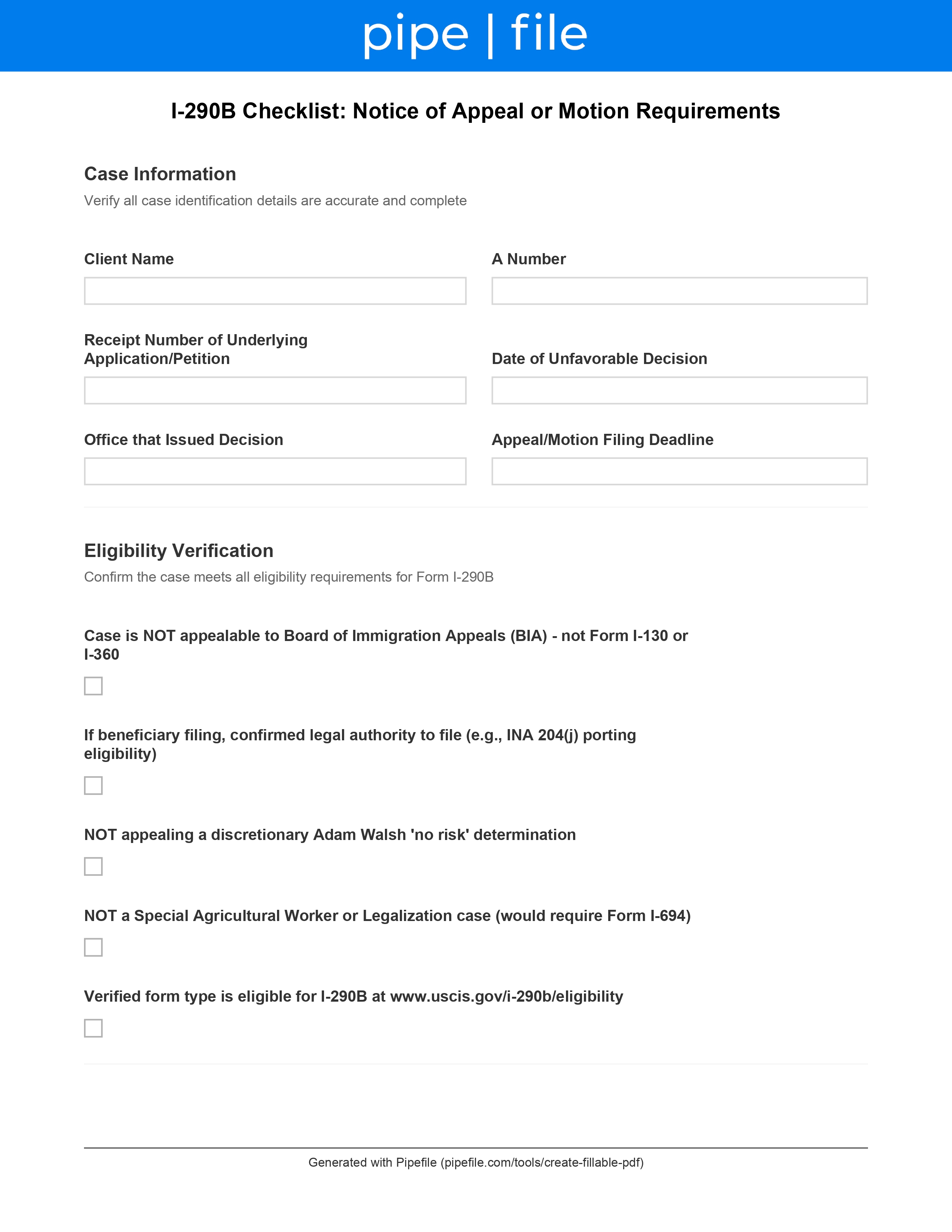 I-290B Checklist: Notice of Appeal or Motion Requirements form template preview