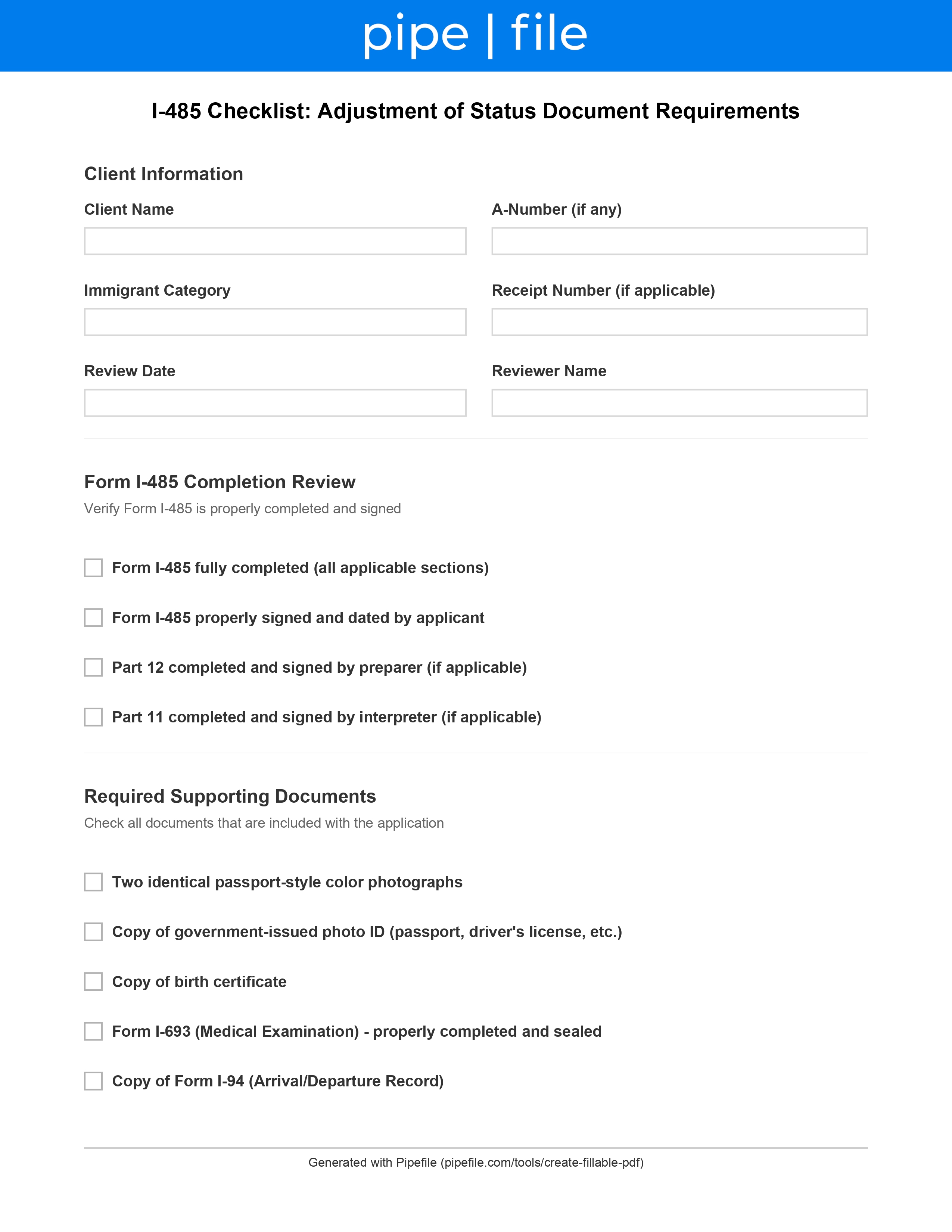 I-485 Checklist: Adjustment of Status Document Requirements form template preview
