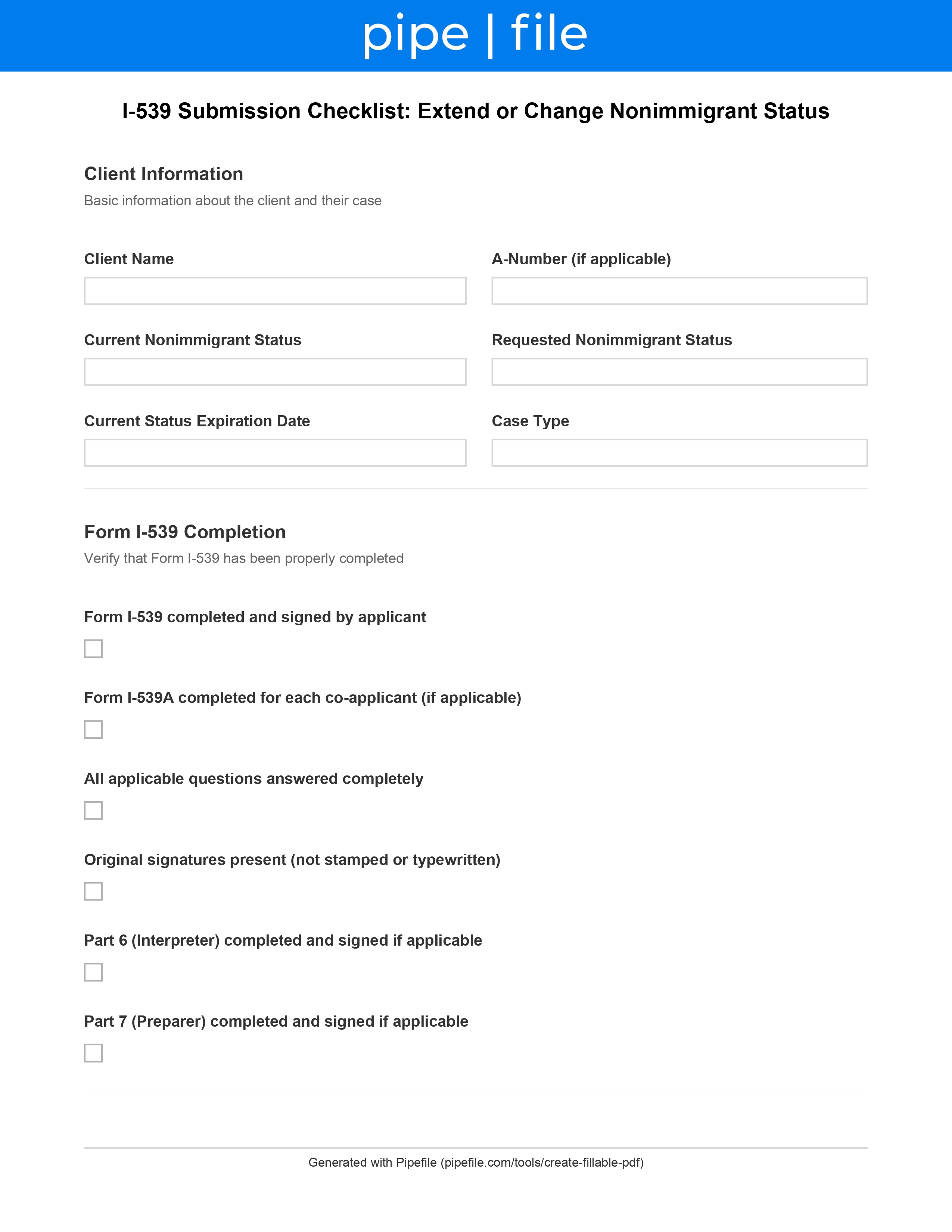 I-539 Checklist: Extend or Change Nonimmigrant Status form template preview