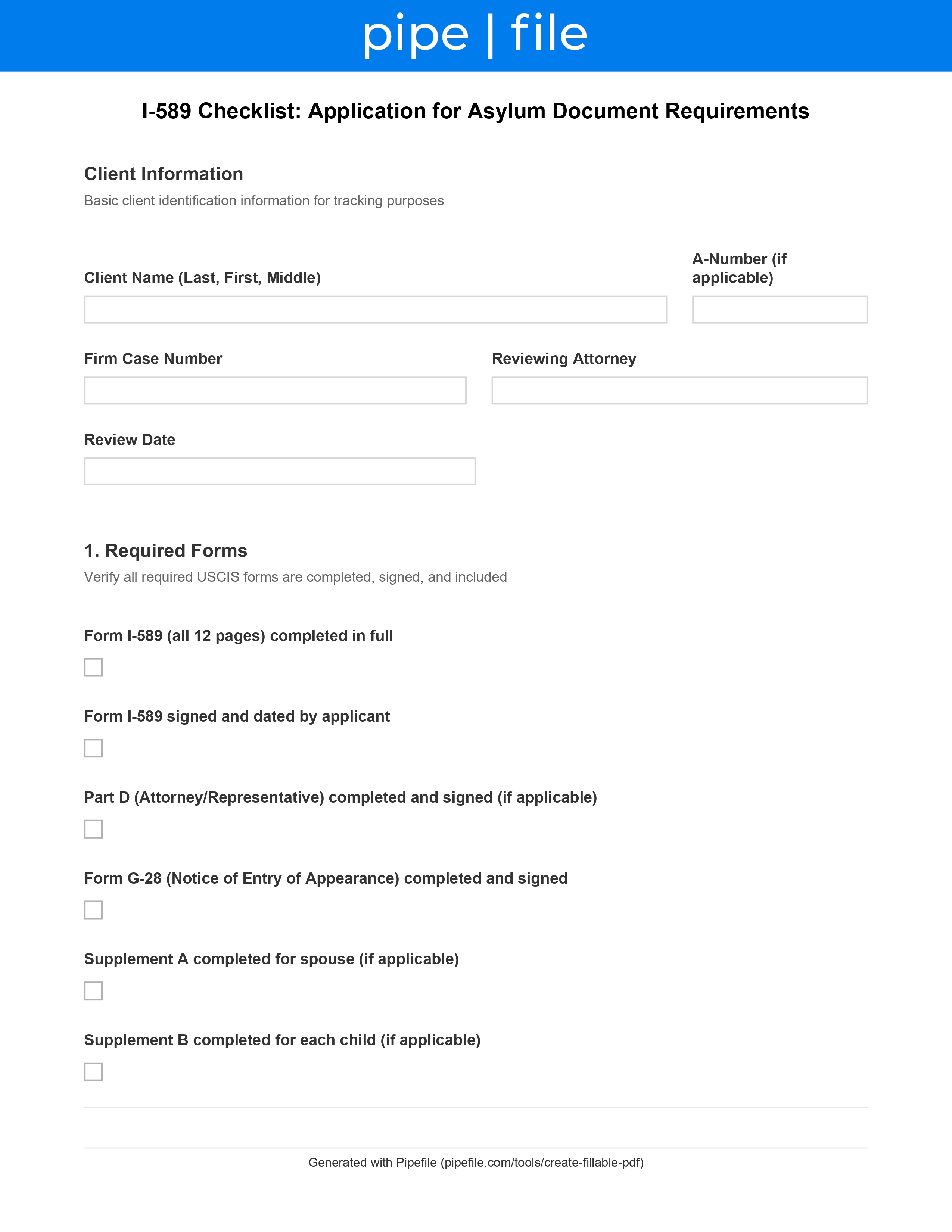 I-589 Checklist: Application for Asylum Document Requirements form template preview