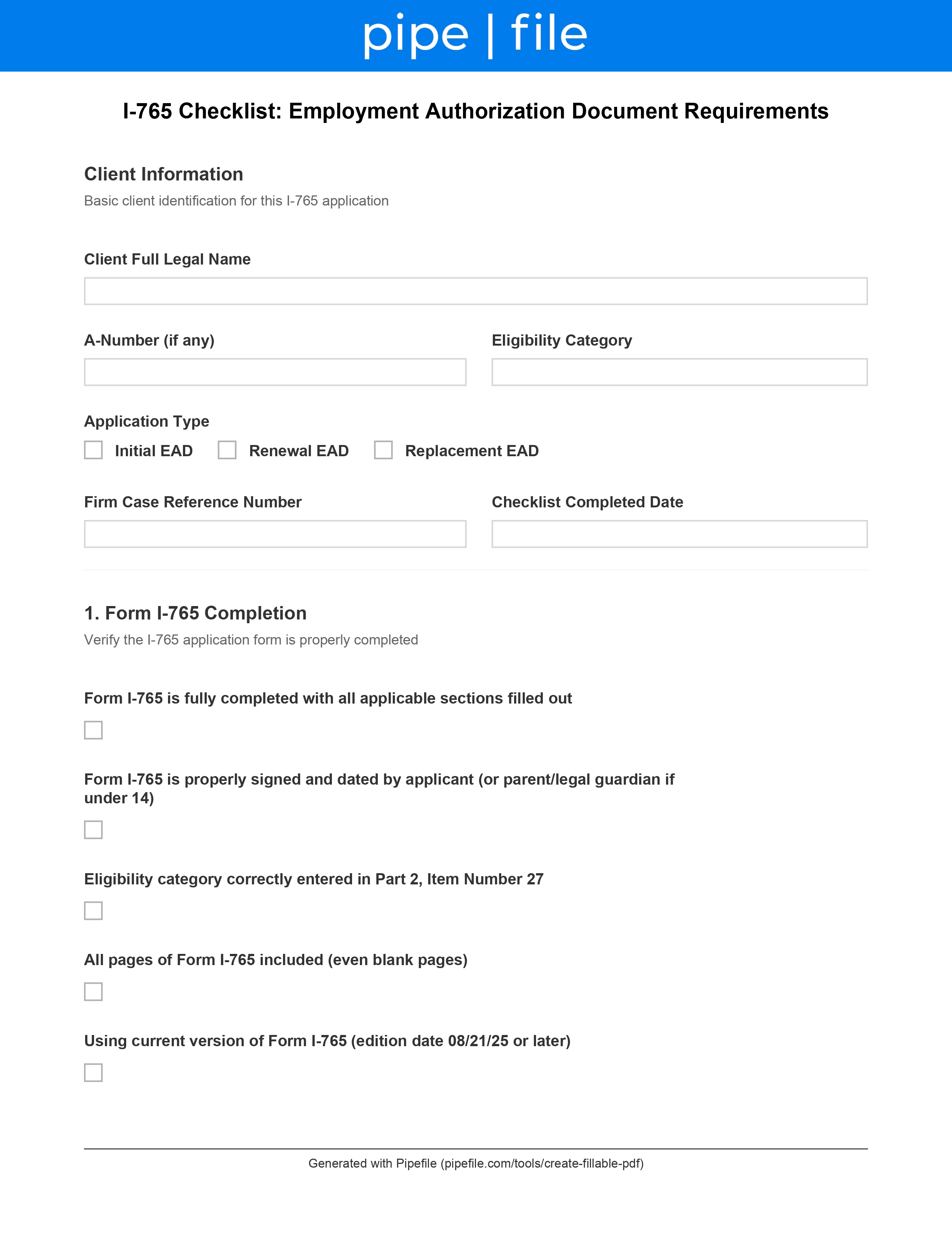 I-765 Checklist: Employment Authorization Document Requirements form template preview