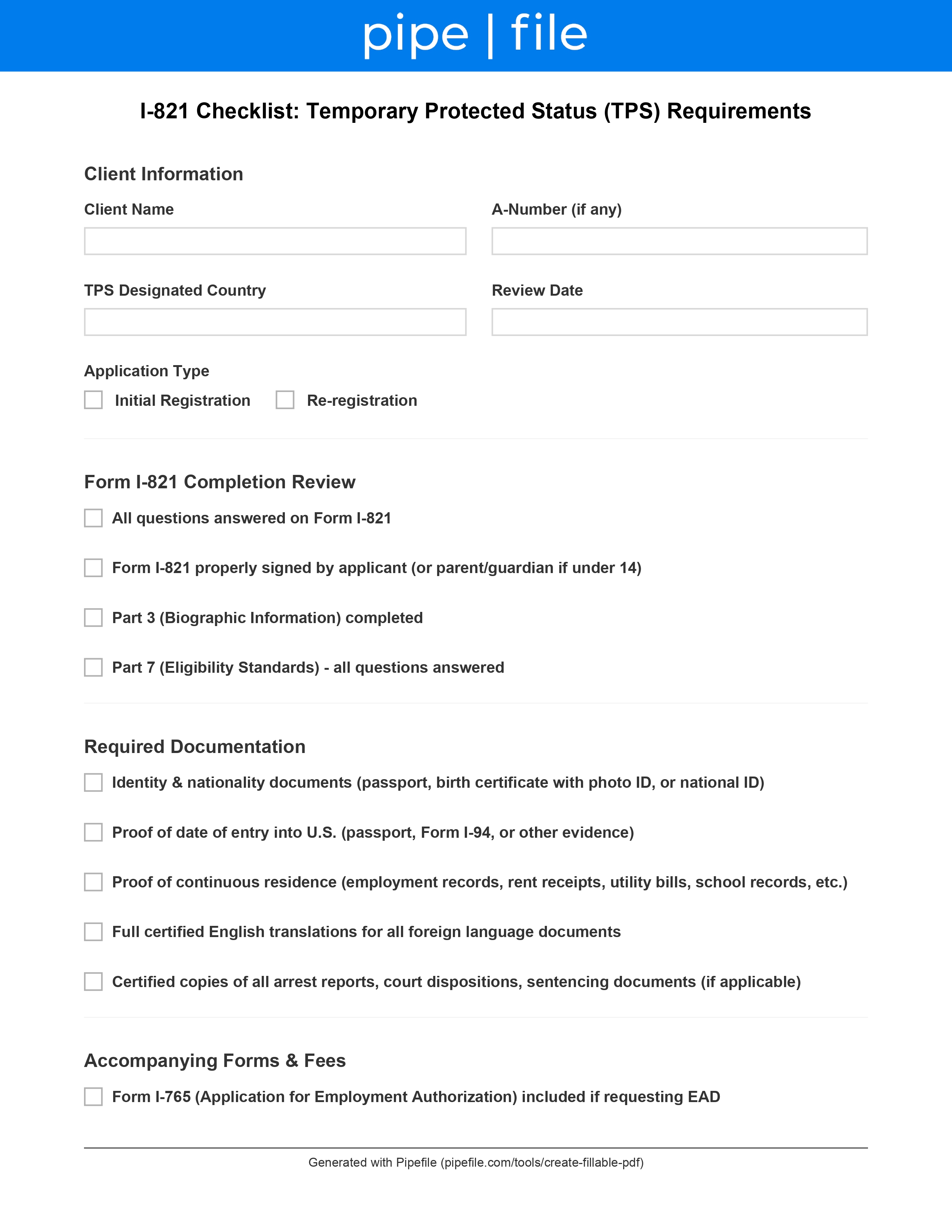 I-821 Checklist: Temporary Protected Status (TPS) Requirements form template preview