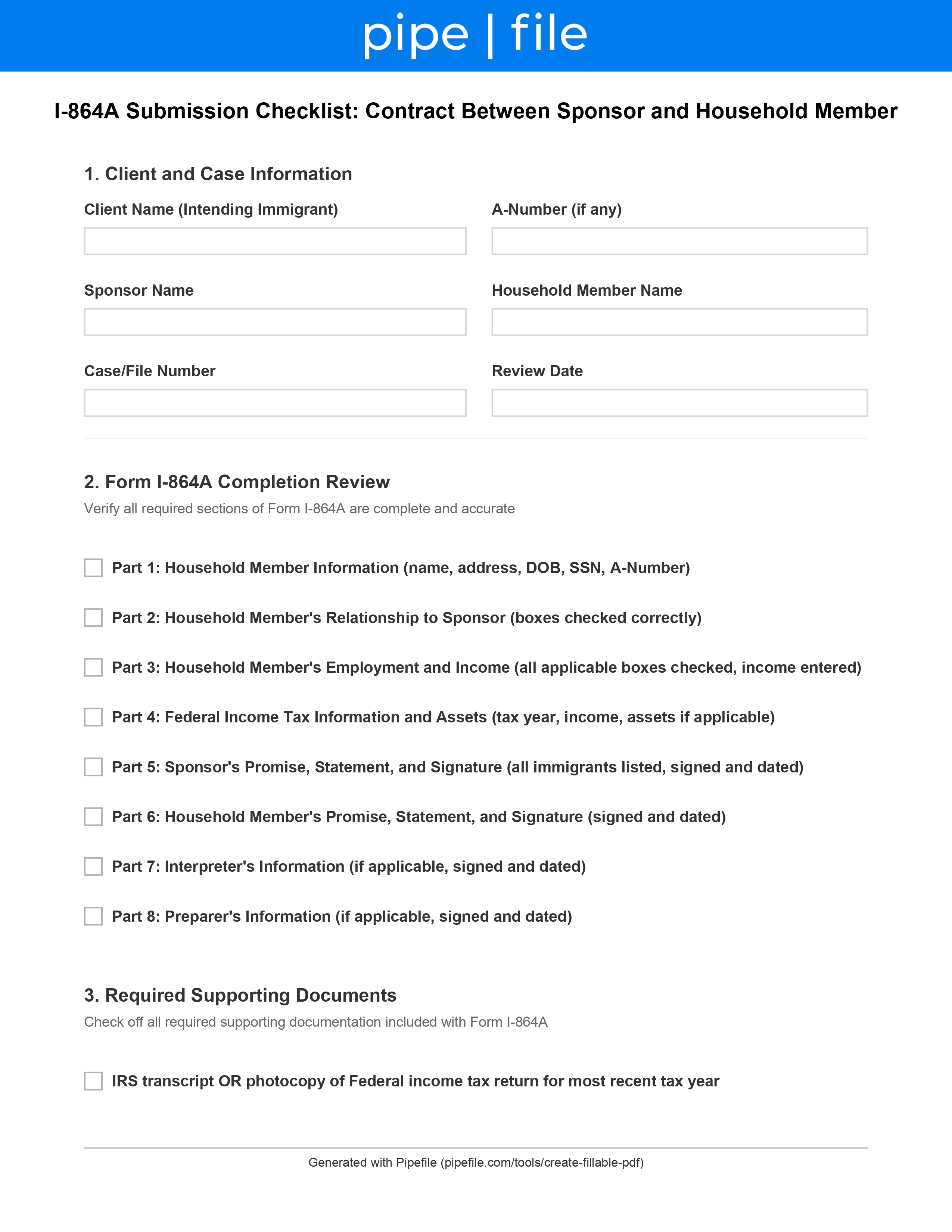 I-864A Checklist: Contract Between Sponsor and Household Member form template preview