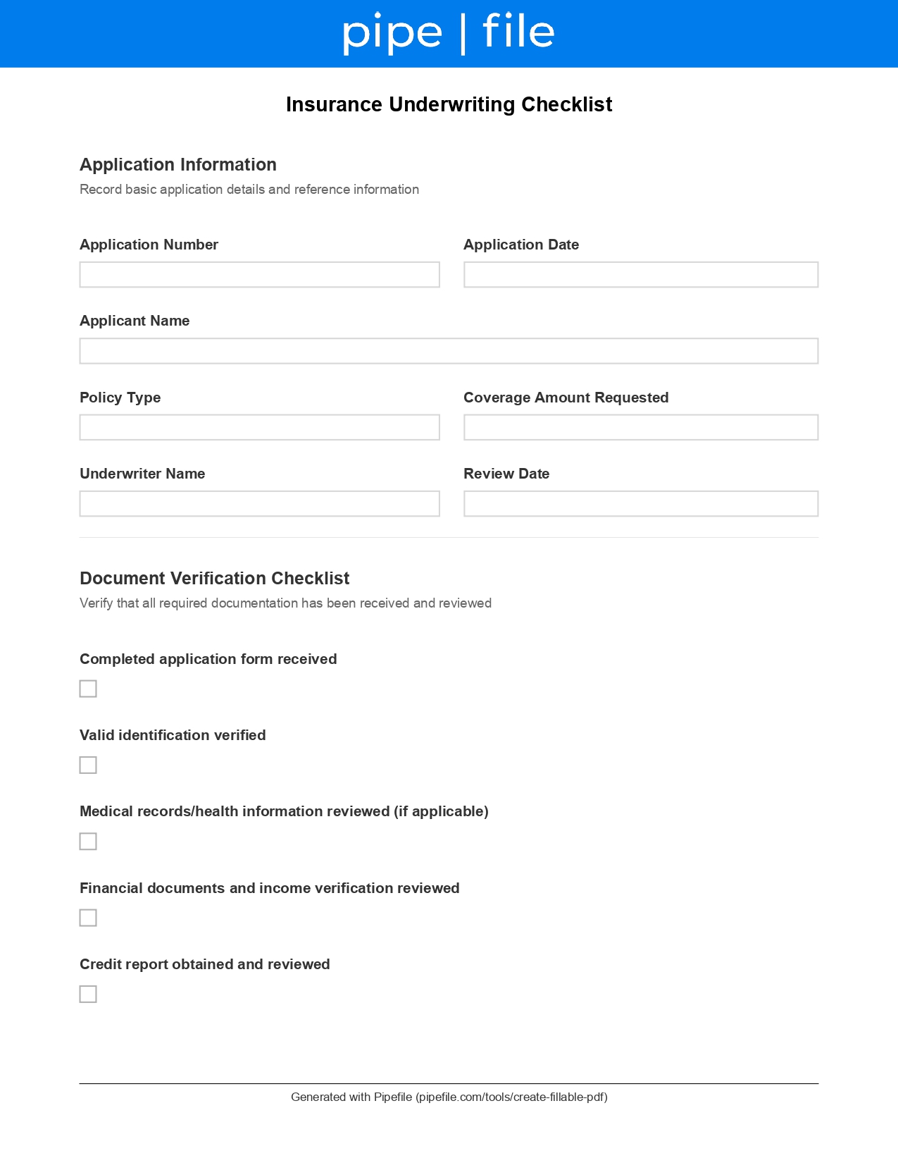 Insurance Underwriting Checklist form template preview