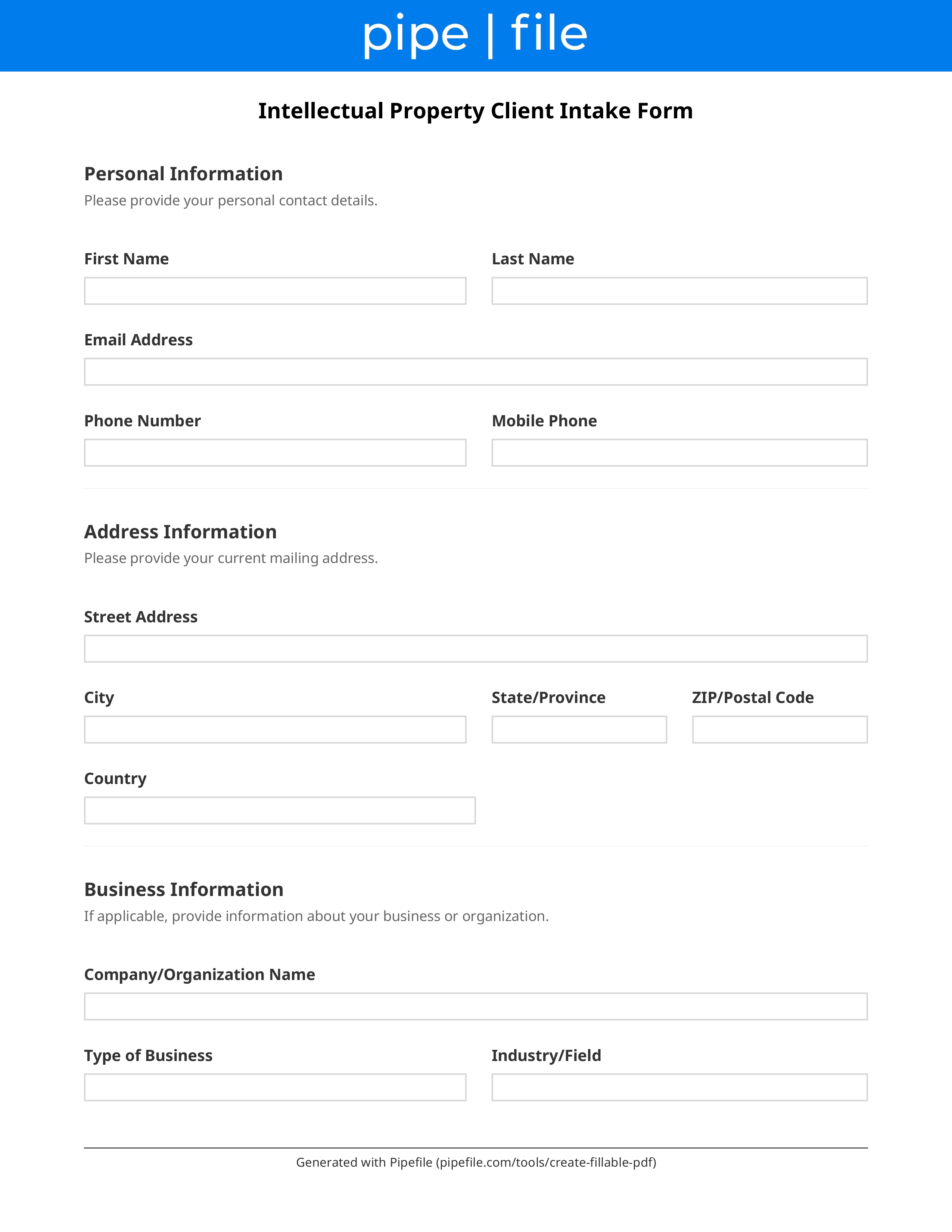 Intellectual Property Client Intake Form form template preview