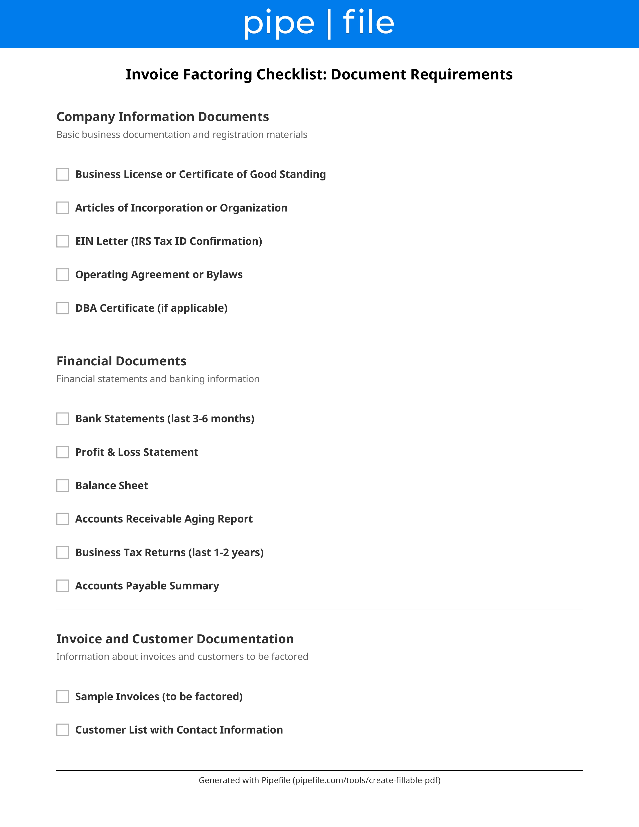 Invoice Factoring Checklist: Document Requirements form template preview