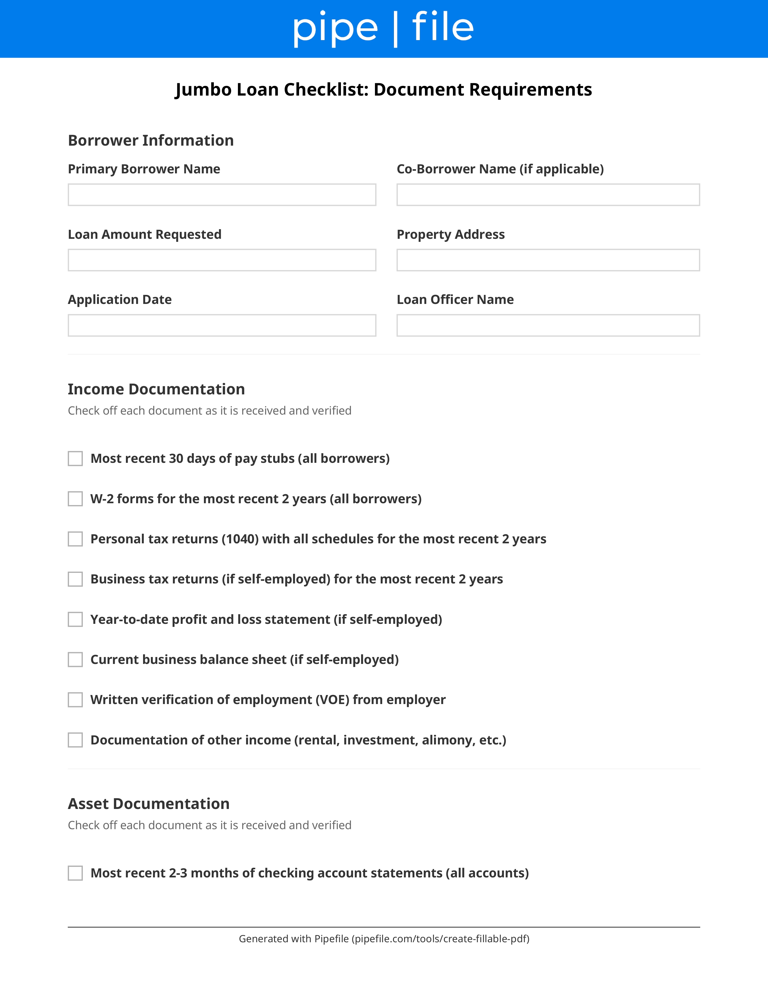 Jumbo Loan Checklist: Document Requirements form template preview