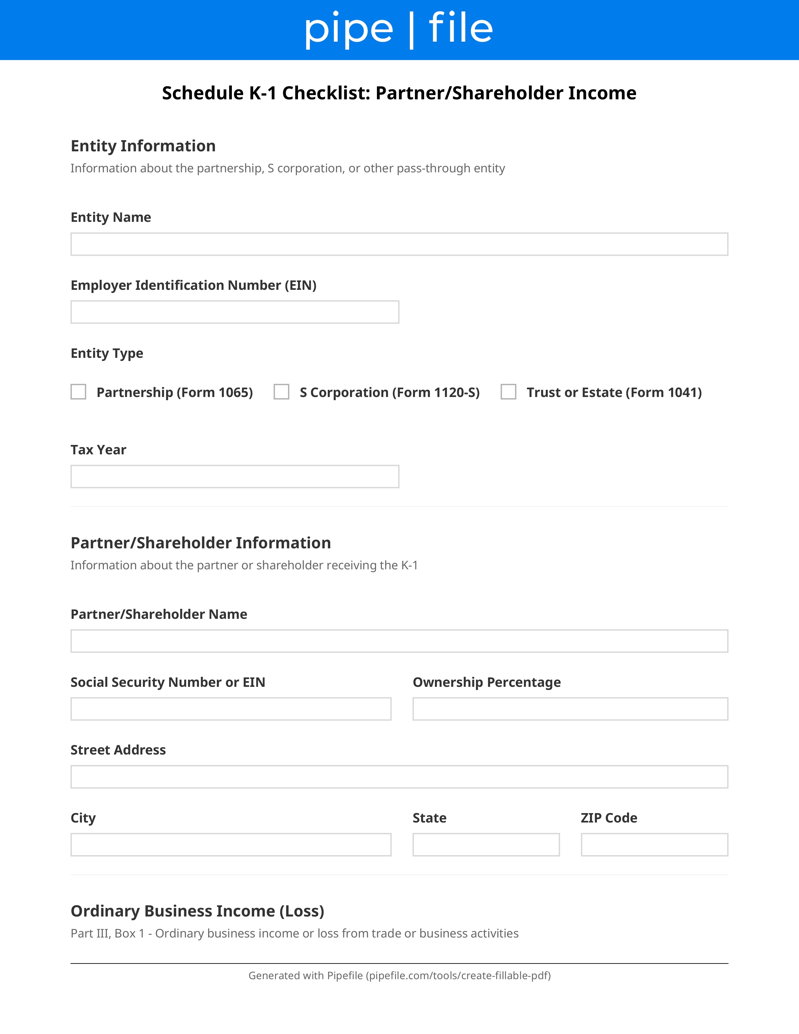 Schedule K-1 Checklist: Partner/Shareholder Income form template preview